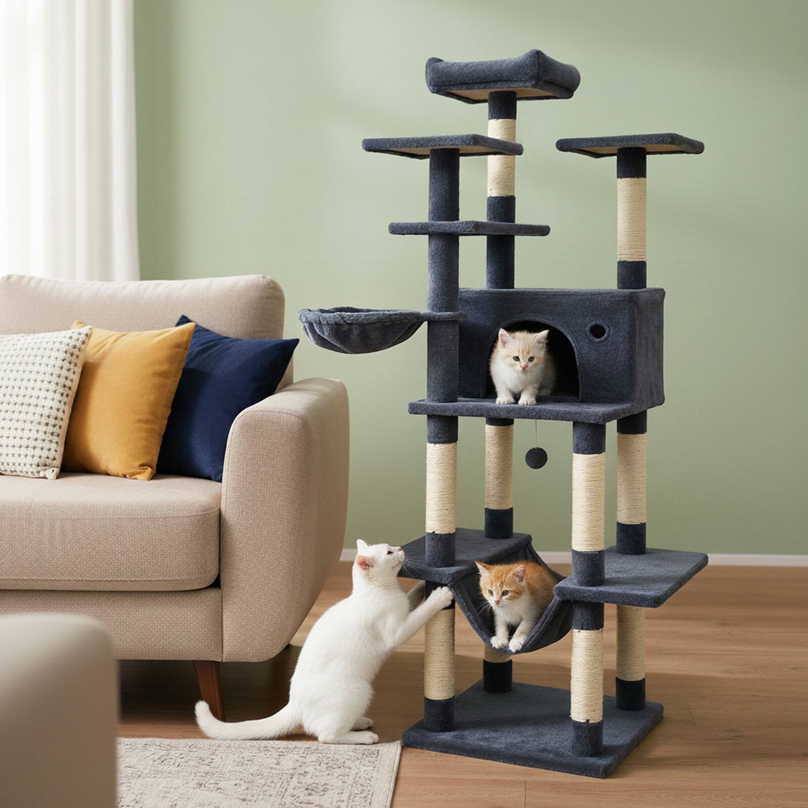 Alt View 4. Gymax - Gymax 63'' Large Cat Tree for Indoor Cats w/Plush Top Perch Condo Hammock Basket Bed Deep Grey.