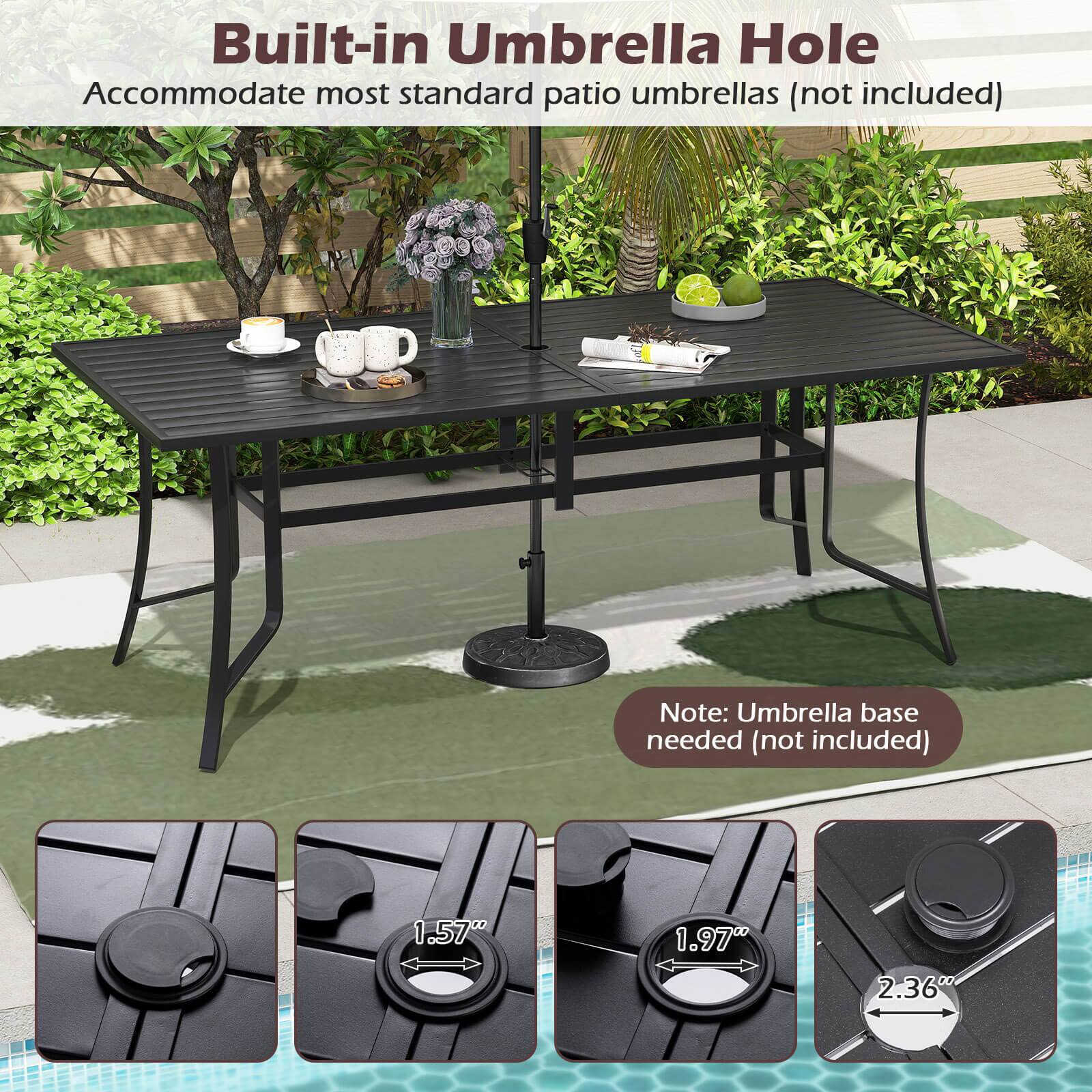 Built-in Umbrella Hole  
Accommodate most standard patio umbrellas (not included)  

Note: Umbrella base needed (not included)  

1.57"  
1.97"  
2.36"