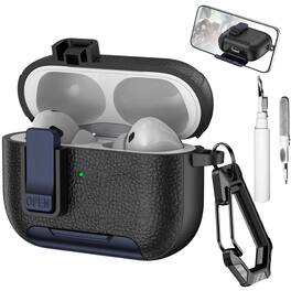 Dteck - Case for Apple Airpods Pro 2nd Gen (2022) with Phone Holder & Keychain,Leather Texture Earbuds Cover for Man Women - Blueblack