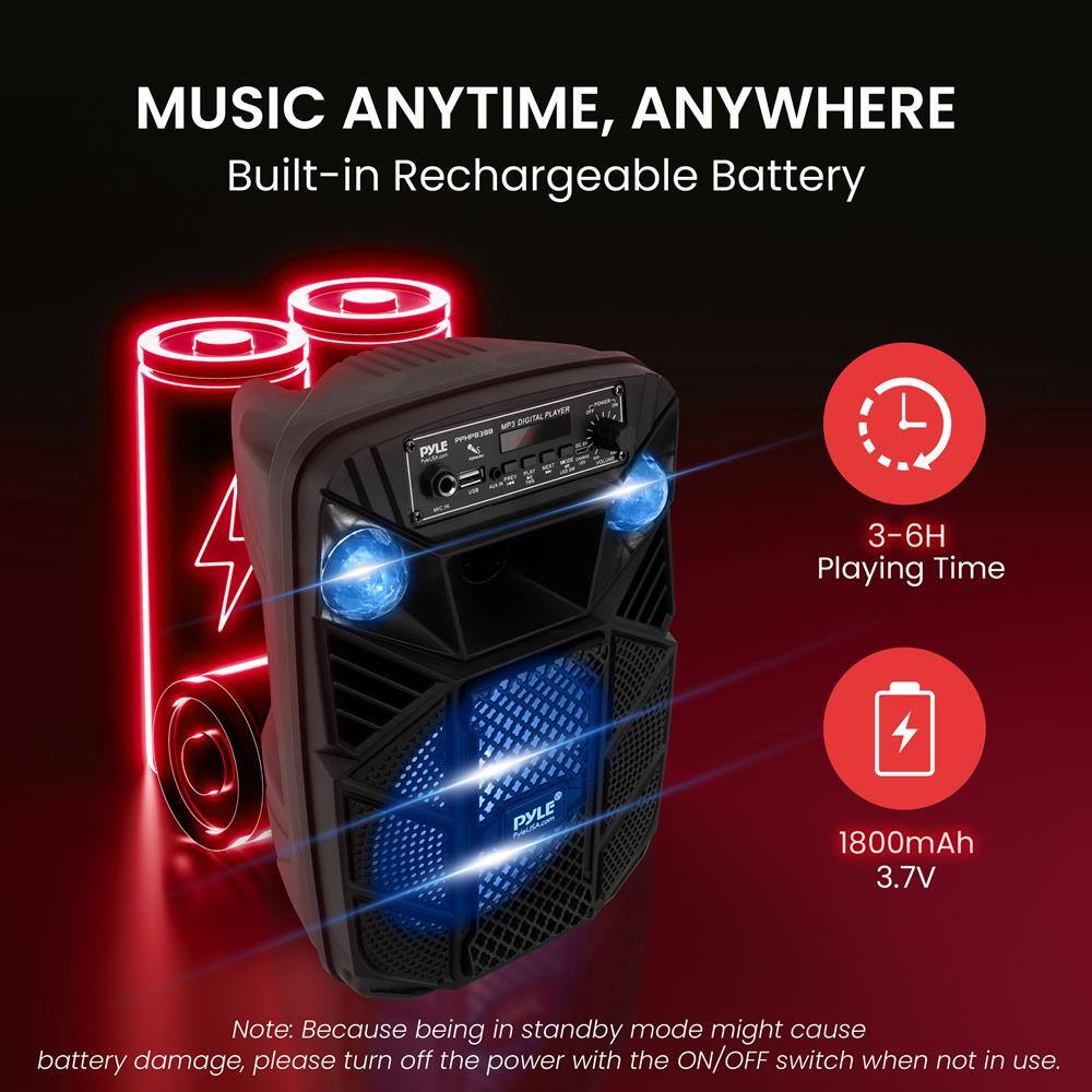 MUSIC ANYTIME, ANYWHERE  
Built-in Rechargeable Battery  

3-6H Playing Time  

1800mAh 3.7V  

Note: Because being in standby mode might cause battery damage, please turn off the power with the ON/OFF switch when not in use.