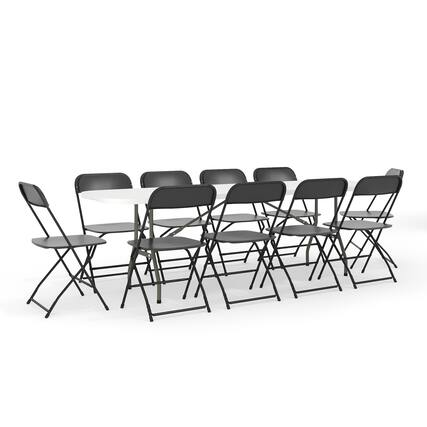 Front. Emma + Oliver - 30"W x 96"L Bi-Fold Plastic Event/Training Folding Table Set with 10 Folding Chairs - Black.
