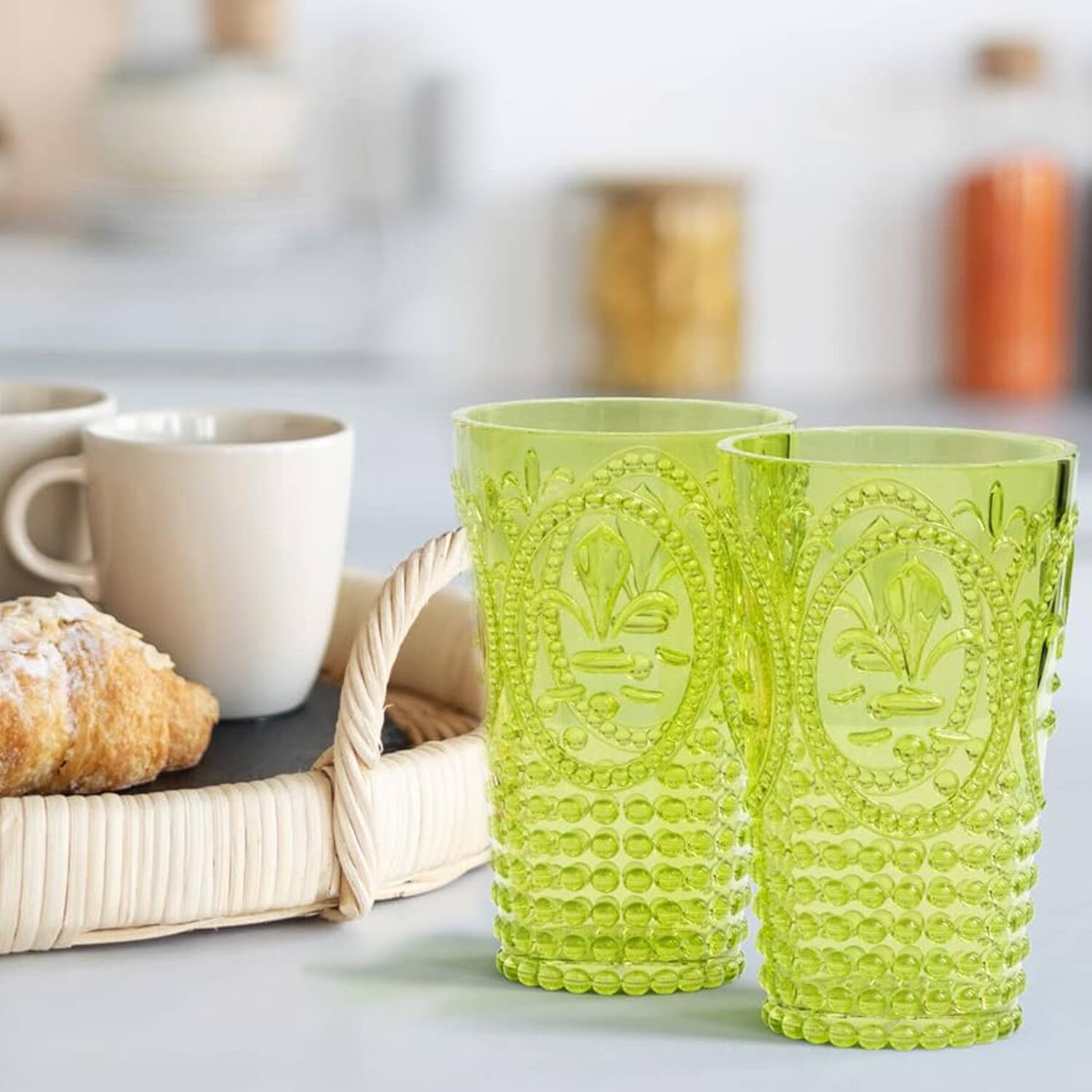 Left. Jay Import - Green Fleur De Lis Drink Tumblers (Set of 4) - 25.3 oz - Green.