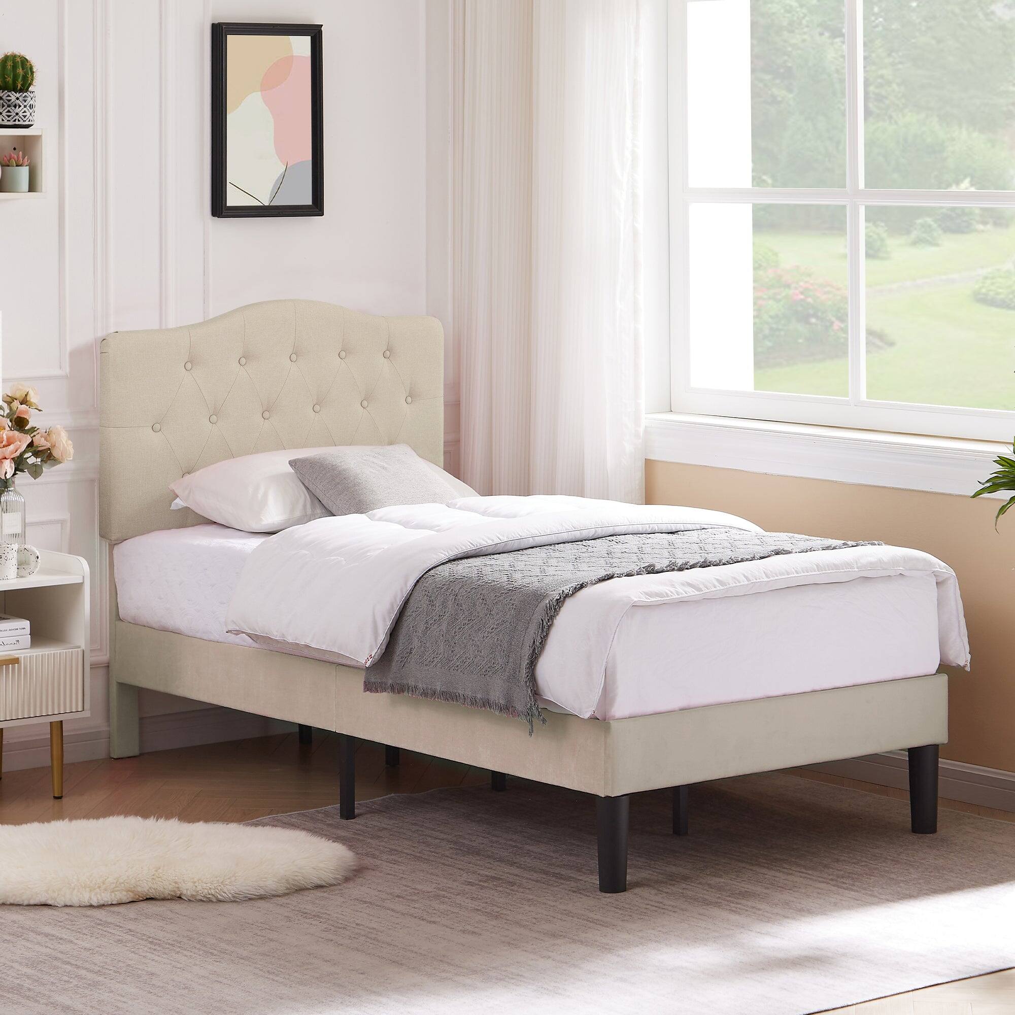 Alt View 1. Vecelo - Queen Upholstered Platform Bed Frame with Adjustable Tufted Headboard, Heavy-Duty Metal & Wood Slats, Noise-Free Design - Beige.