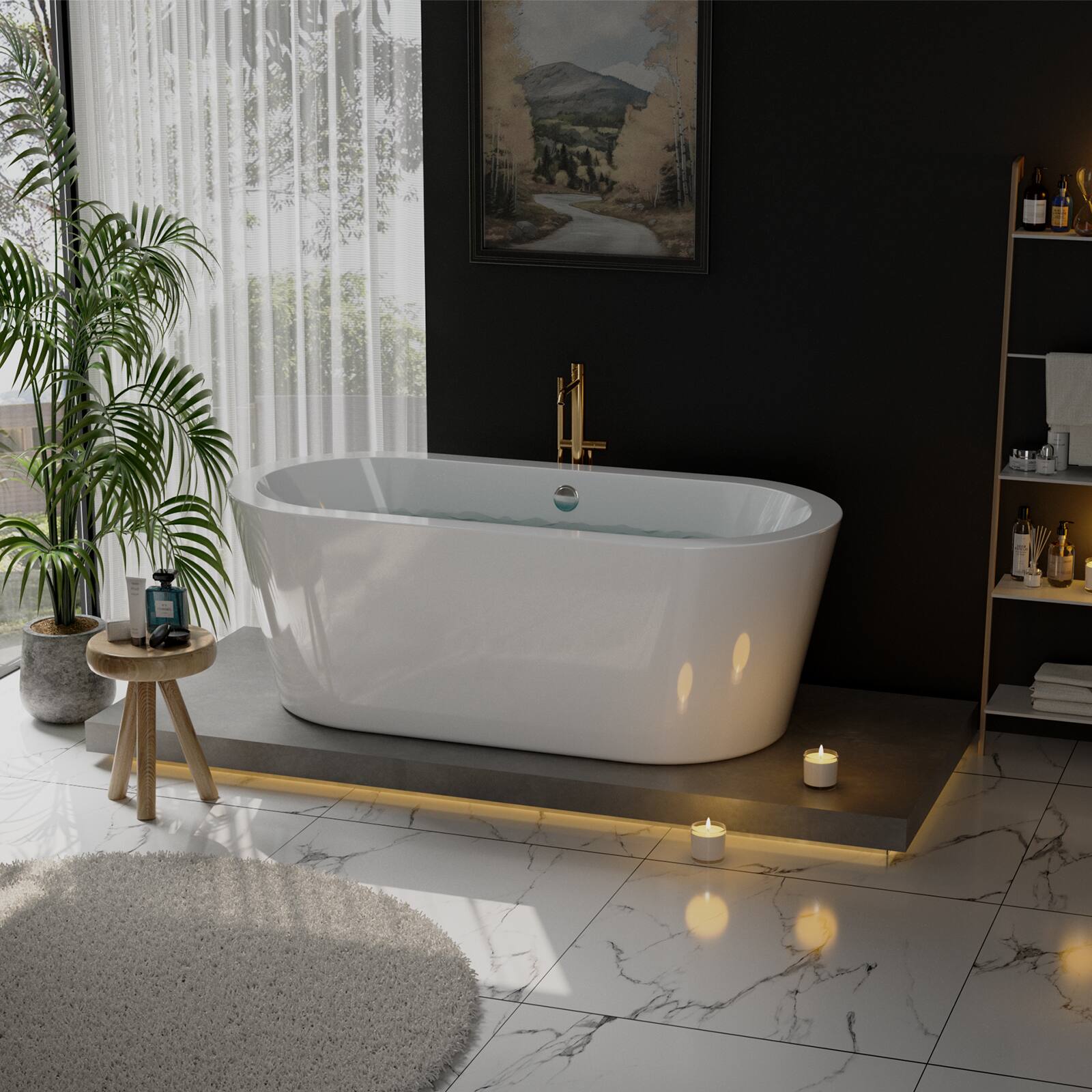 Alt View 4. Empava - 59 in. x 31.5 in. Freestanding Flat Bottom Bath Tub Oval Soaking Bathtub with Center Drain - White.