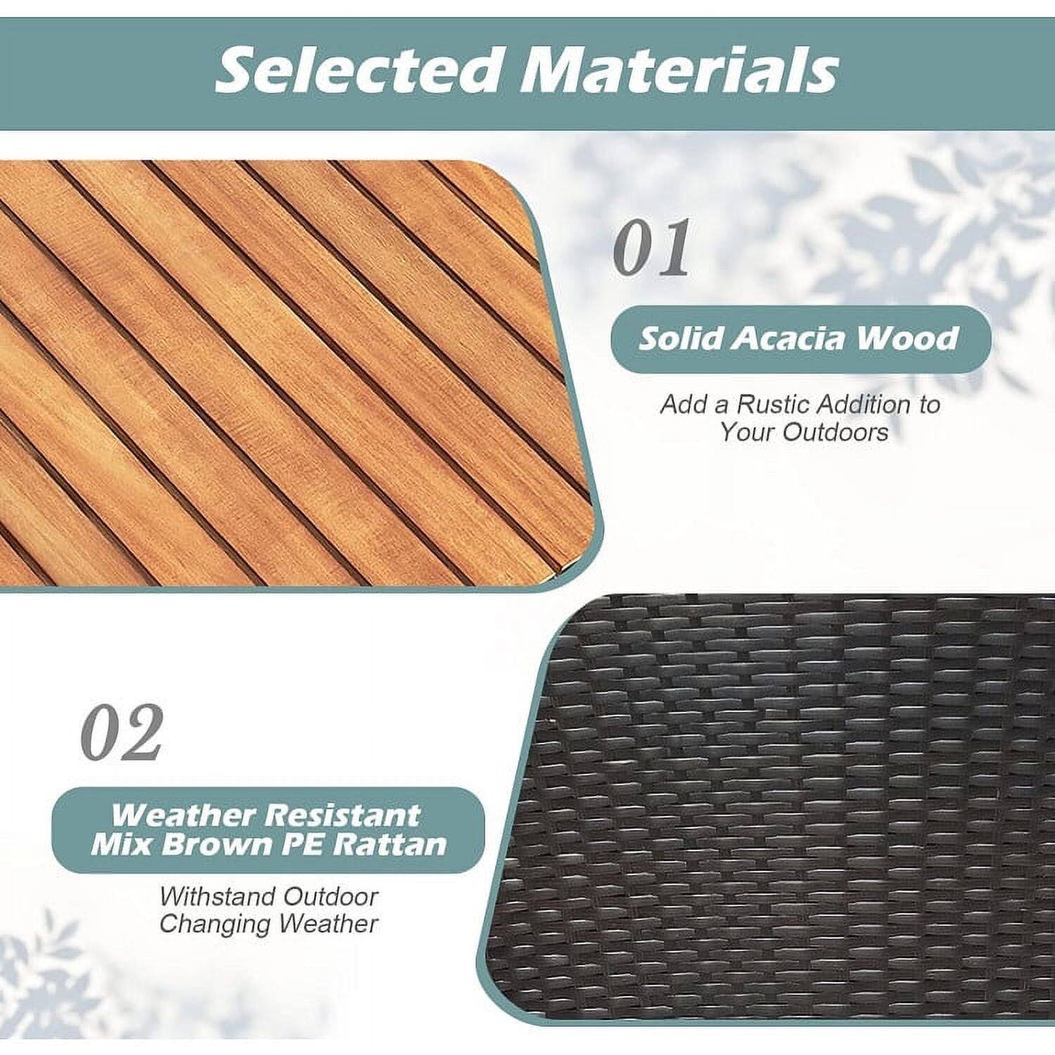 Selected Materials

01 Solid Acacia Wood  
Add a Rustic Addition to Your Outdoors

02 Weather Resistant Mix Brown PE Rattan  
Withstand Outdoor Changing Weather