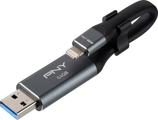 PNY – Duo-Link On-the-Go 64GB USB 3.0, Apple Lightning Flash Drive – Metal gray