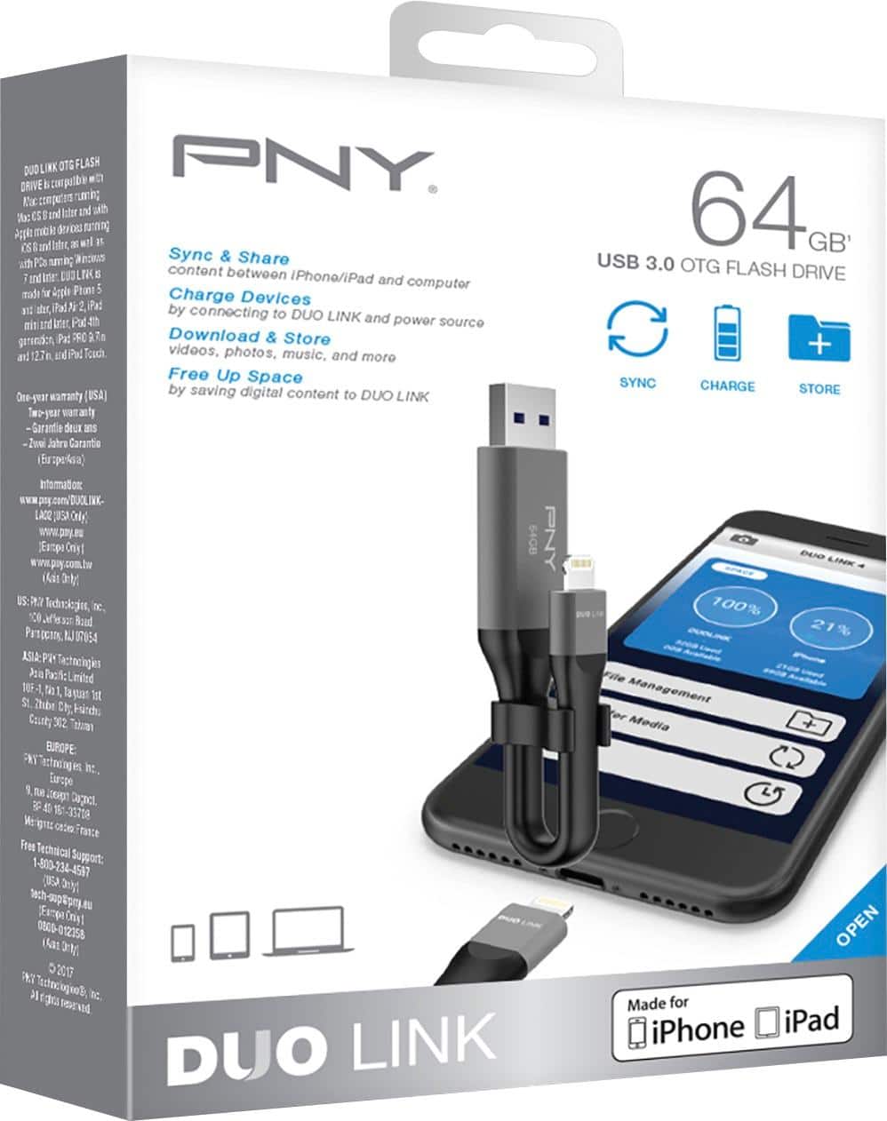 Alt View 14. PNY - DUO Link 64GB USB 3.0 OTG Flash Drive for iOS Devices and Computers - Gray.