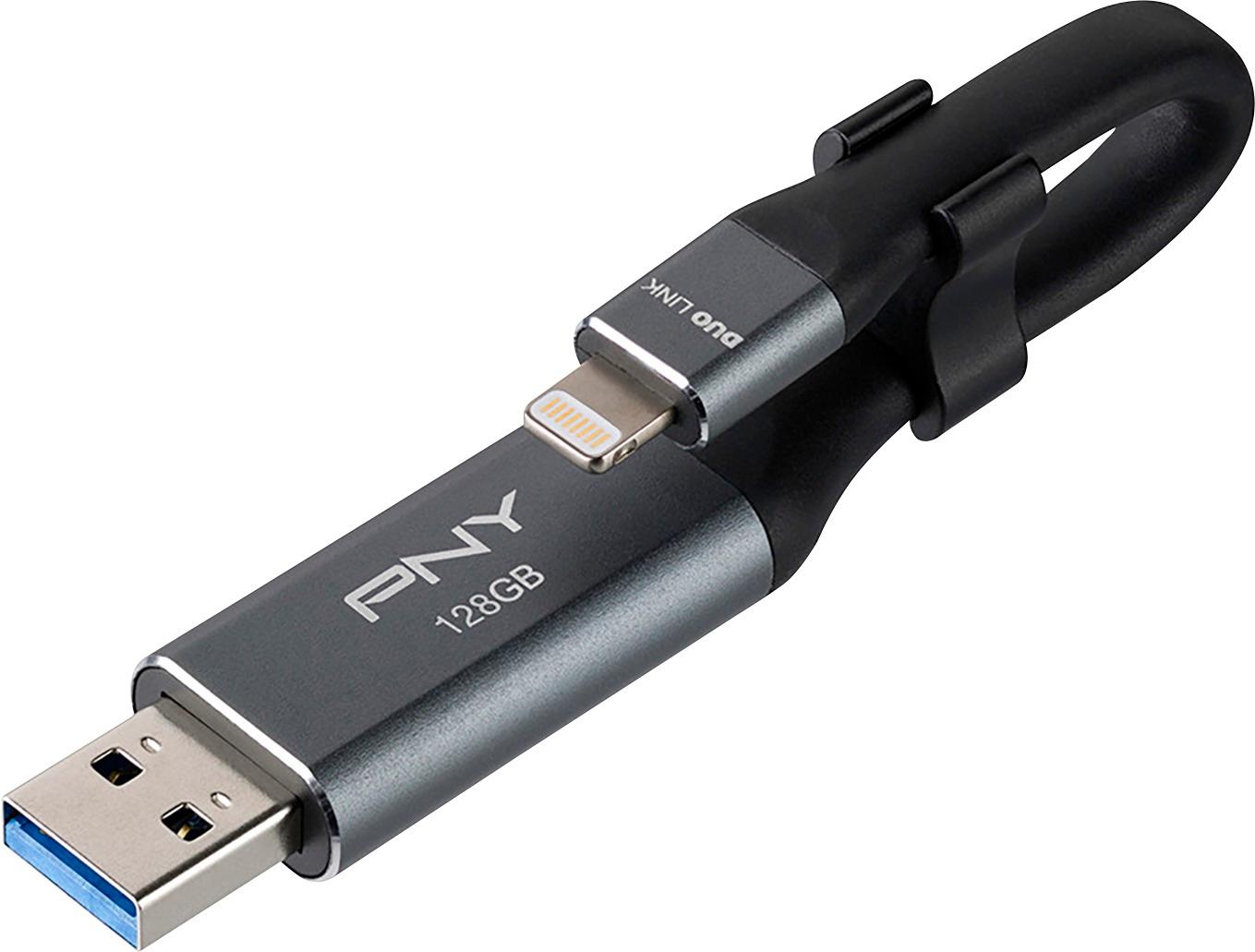 PNY - Duo-Link On-the-Go 128GB USB 3.0, Apple Lightning Flash Drive - Metal gray