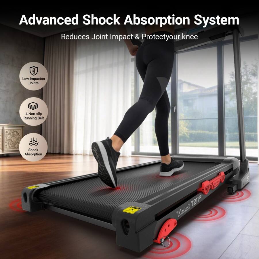Advanced Shock Absorption System  
Reduces Joint Impact & Protects your knee  

- Low Impact on Joints  
- 4 Non-slip Running Belt  
- Shock Absorption  

Monical T211