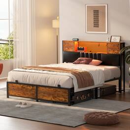 Aheaplus - Modern Bed Frame: Power Outlet & LED Lights, Headboard Storage, Quiet Support - Rustic Brown