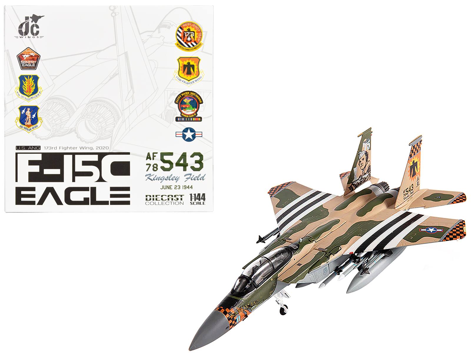 WINGS
E TEAM REDUCTER COMMENTS PROTECTION
SENTRY EAGLE
vie WITRAPSINY.COM cons
FREEP WING BANNAS SAIST MOLABROS
SheAD 12 NER INTINAL
AN MUTRICO NATIONAL U.S. ANG 173rd Fighter Wing. 2020 AF F-15C 78 543 Kingsley Field JUNE 23 1944 EAGLE COLLECTION DIECAST 1:144 SCALE
543
WORDS CXI