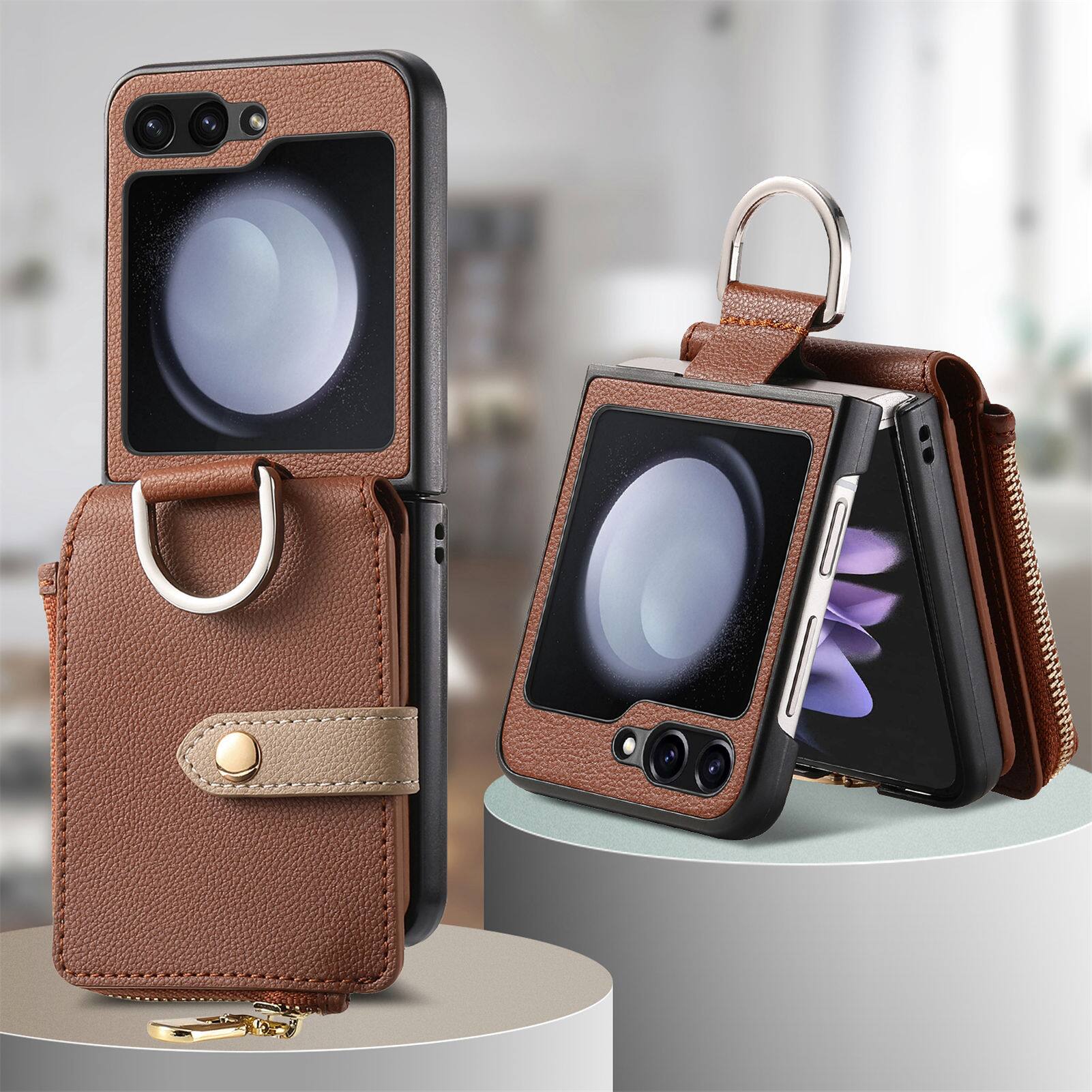 Alt View 5. Dteck - Flip Wallet Case for Samsung Galaxy Z Flip6 / 7 FE,Built-in Metal Finger Ring,Shockproof Zipper Pocket PU Leather Cover - Brown.