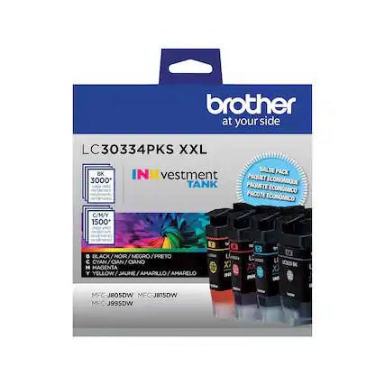 brother at your side
LC30334PKS XXL
INKvestment TANK
VALUE PACK
PAQUET ECONOMIQUE
PAQUETE ECONÓMICO
PACOTE ECONÔMICO
BK 3000* page yield
C/M/Y 1500* page yield
B BLACK / NOIR / NEGRO / PRETO
C CYAN / CIAN / CIANO
M MAGENTA
Y YELLOW / JAUNE / AMARILLO / AMARELO
MFC-J805DW MFC-J815DW MFC-J995DW