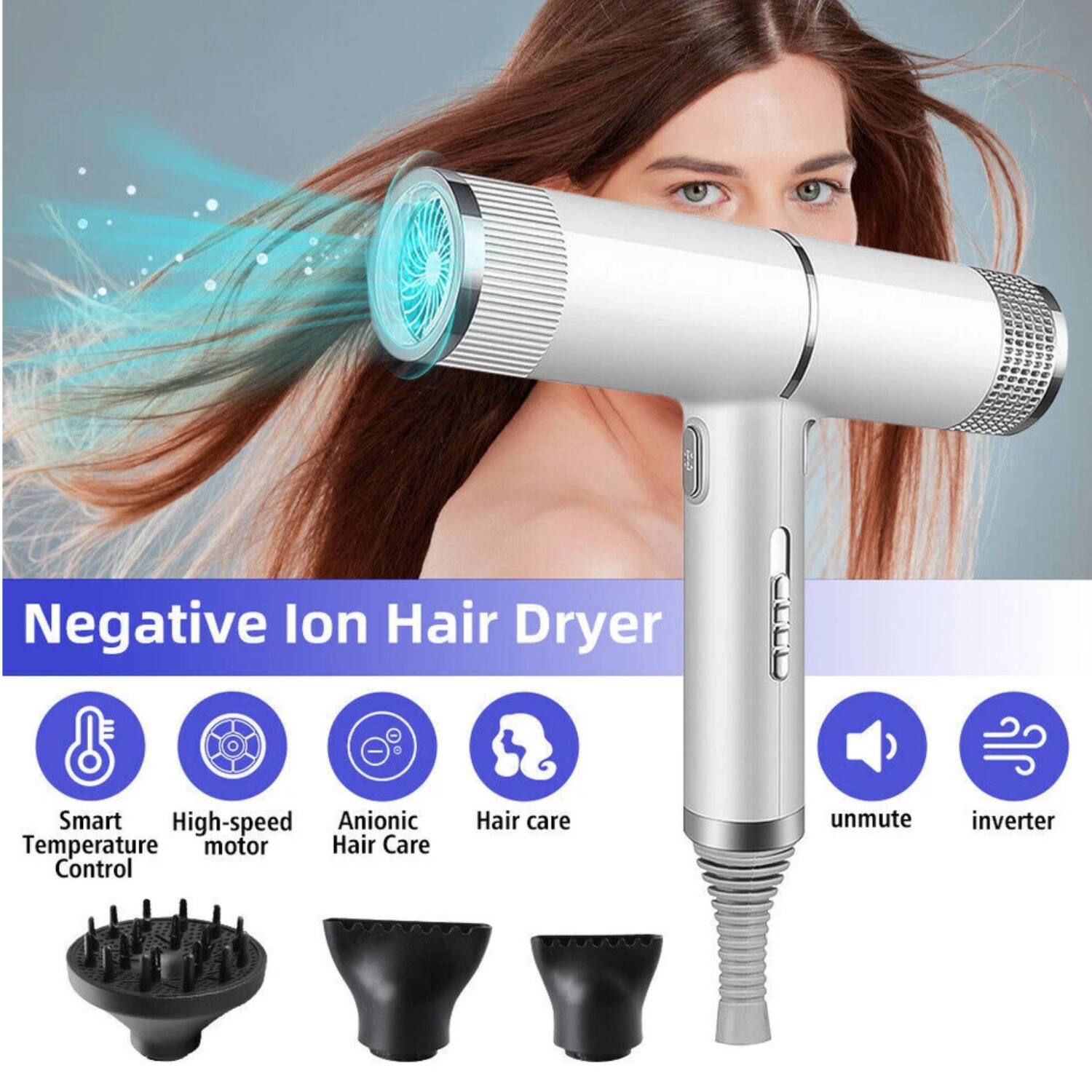 Negative Ion Hair Dryer

- Smart Temperature Control
- High-speed motor
- Anionic Hair Care
- Hair care
- Unmute
- Inverter