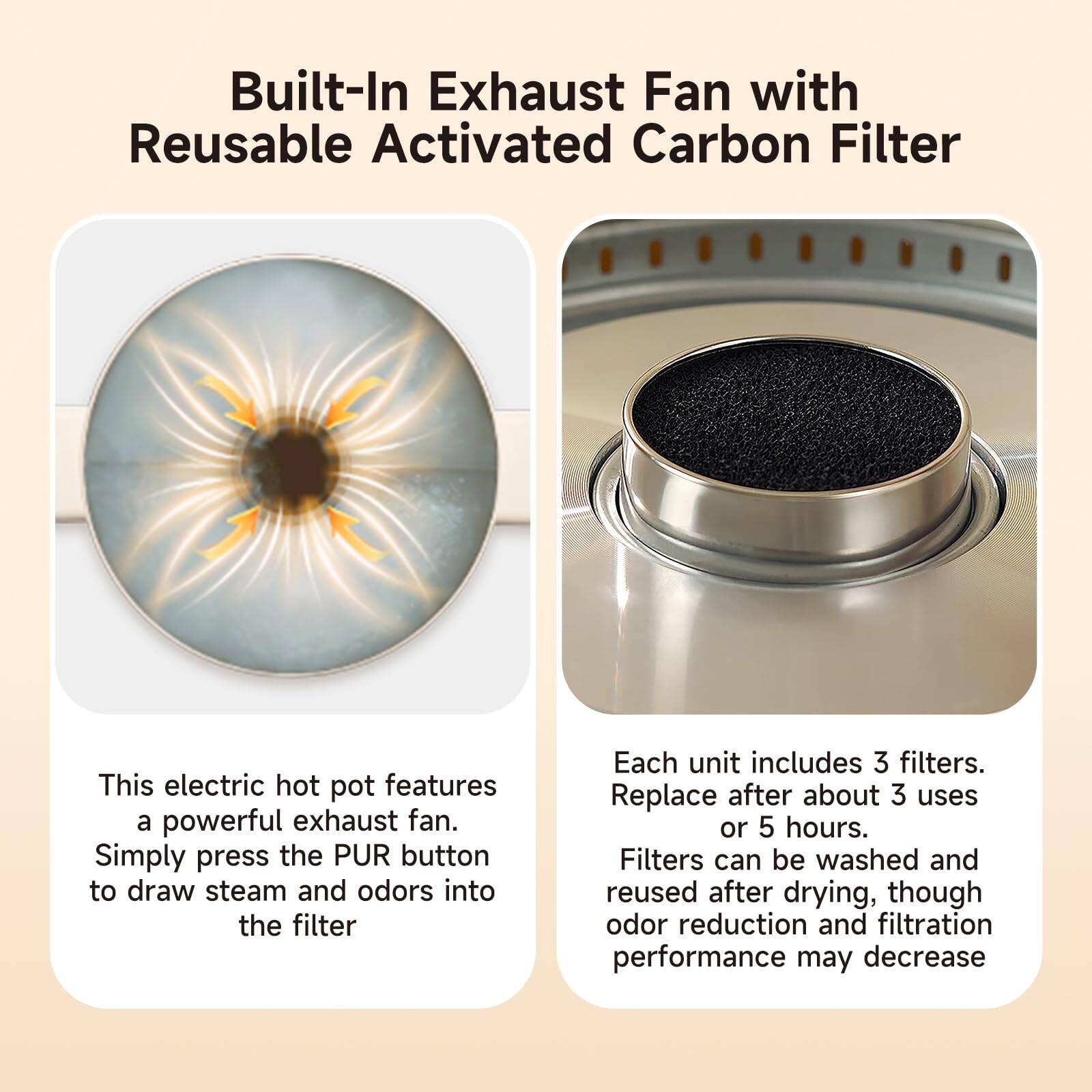 Built-In Exhaust Fan with Reusable Activated Carbon Filter

This electric hot pot features a powerful exhaust fan. Simply press the PUR button to draw steam and odors into the filter

Each unit includes 3 filters. Replace after about 3 uses or 5 hours. Filters can be washed and reused after drying, though odor reduction and filtration performance may decrease