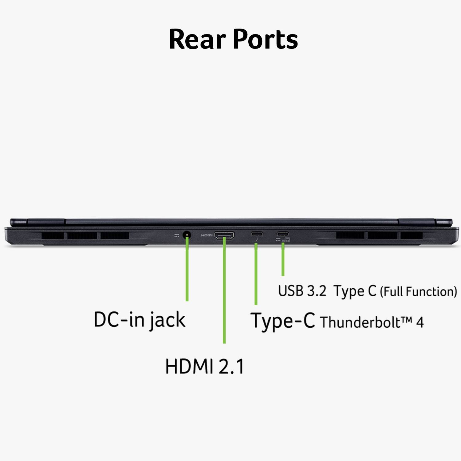 Rear Ports

- DC-in jack
- HDMI 2.1
- USB 3.2 Type-C (Full Function)
- Type-C Thunderbolt™ 4