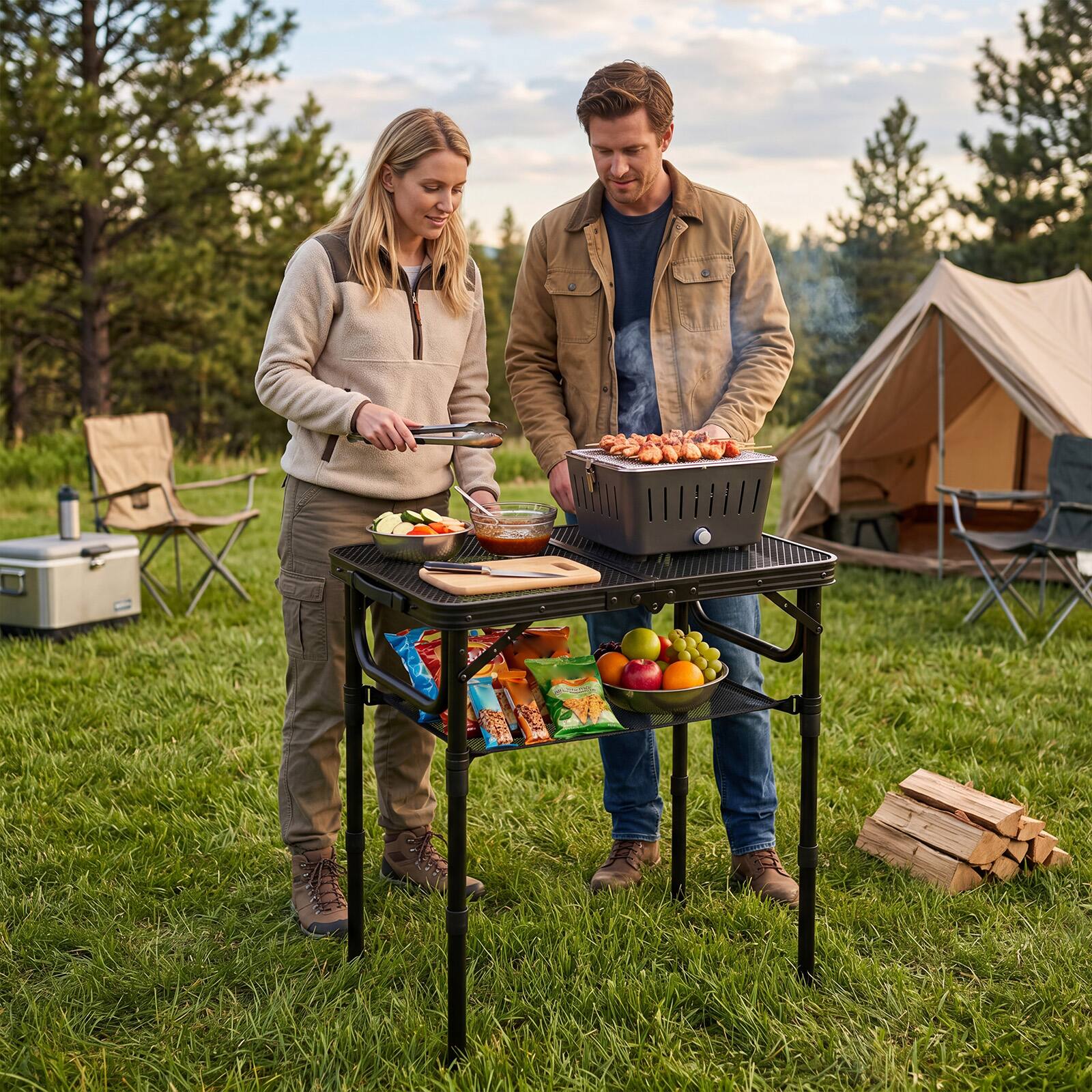 Alt View 1. Gymax - Gymax 2 FT Small Folding Camping Table w/3 Adjustable Heights Storage Net Carry Handle - Black.