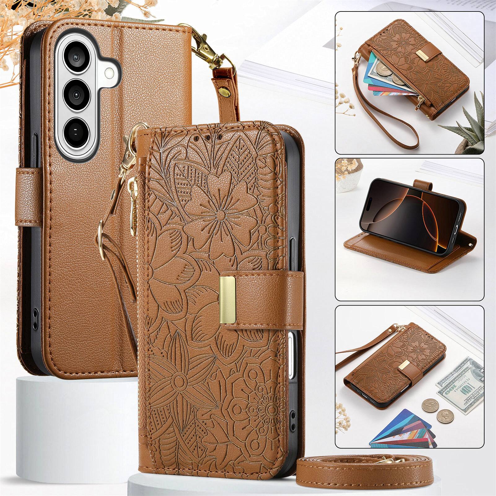 Front. Dteck - Floral Embossed Leather Zipper Cash Slot Wallet Case for Samsung Galaxy A17 5G / A16 5G with Detachable Strap - Brown.