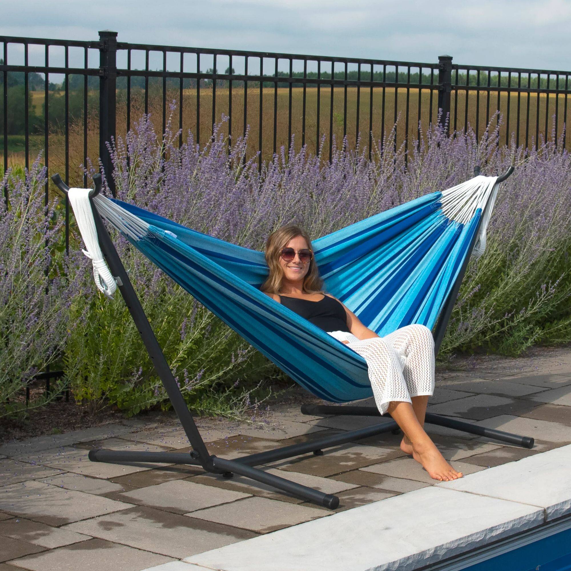Alt View 3. Vivere - Vivere Double Cotton Hammock, Comfortable Daybed, Steel Stand, 9', Island Breeze - Island Breeze.