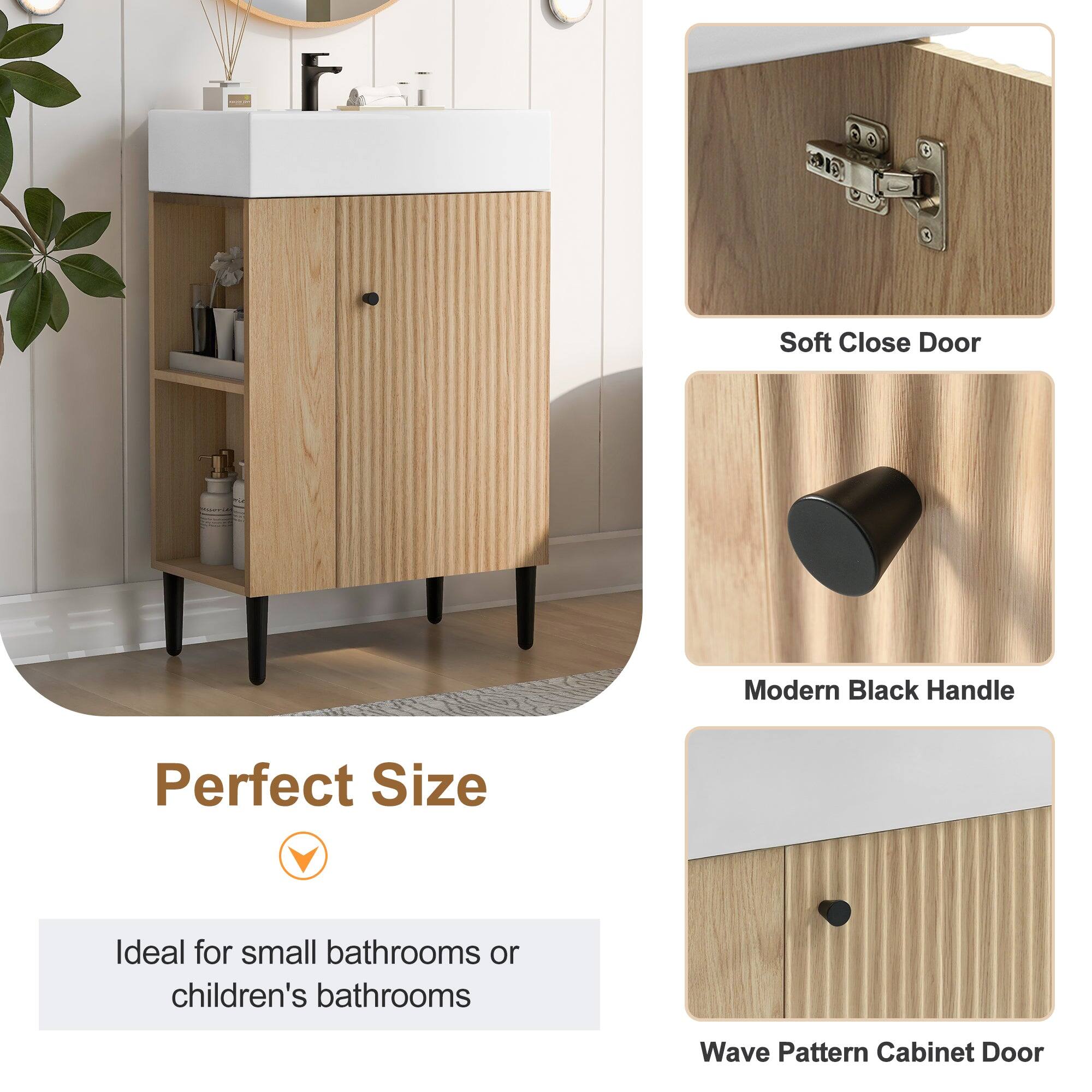 - Soft Close Door
- Modern Black Handle
- Wave Pattern Cabinet Door

Perfect Size

Ideal for small bathrooms or children's bathrooms