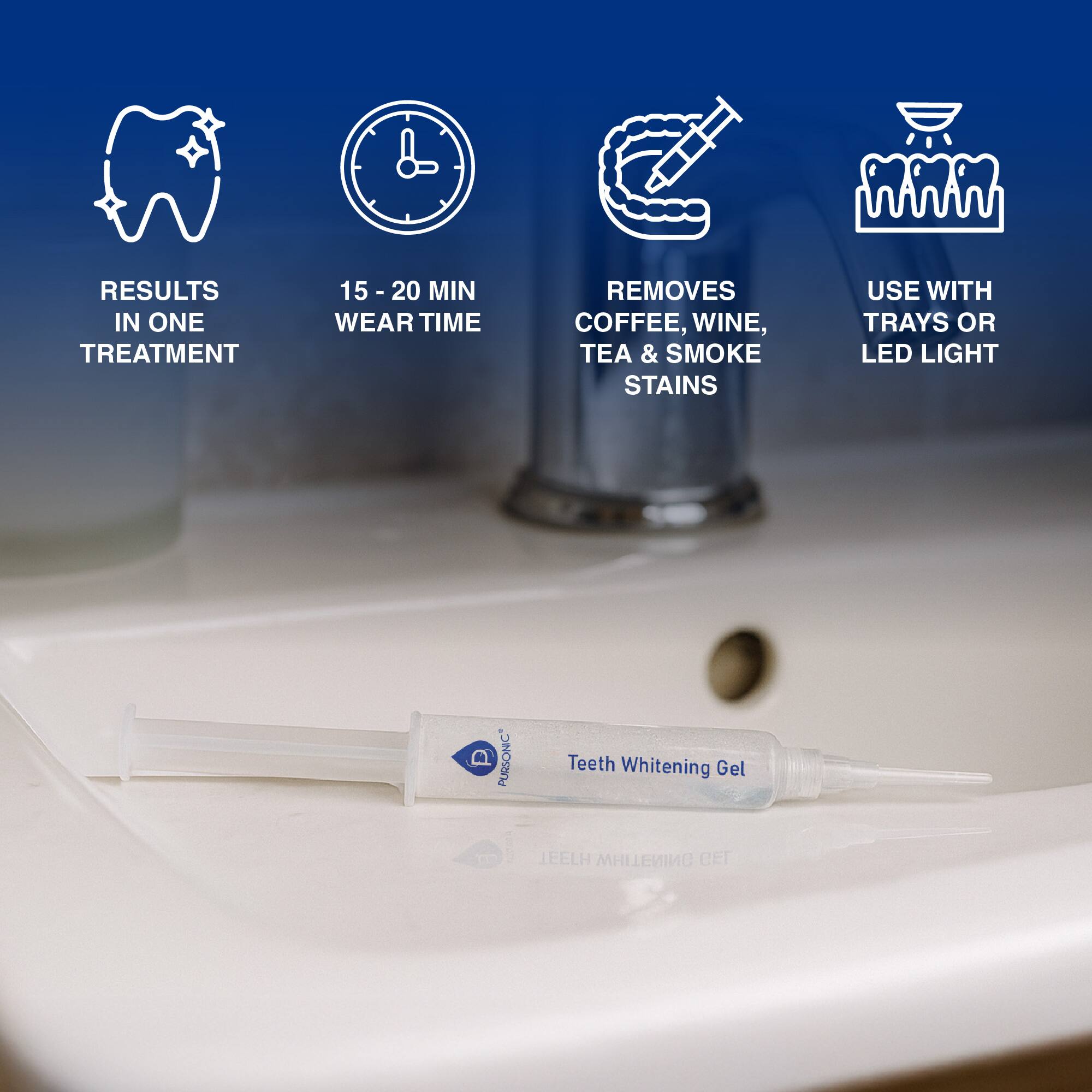 - RESULTS IN ONE TREATMENT
- 15 - 20 MIN WEAR TIME
- REMOVES COFFEE, WINE, TEA & SMOKE STAINS
- USE WITH TRAYS OR LED LIGHT

Teeth Whitening Gel