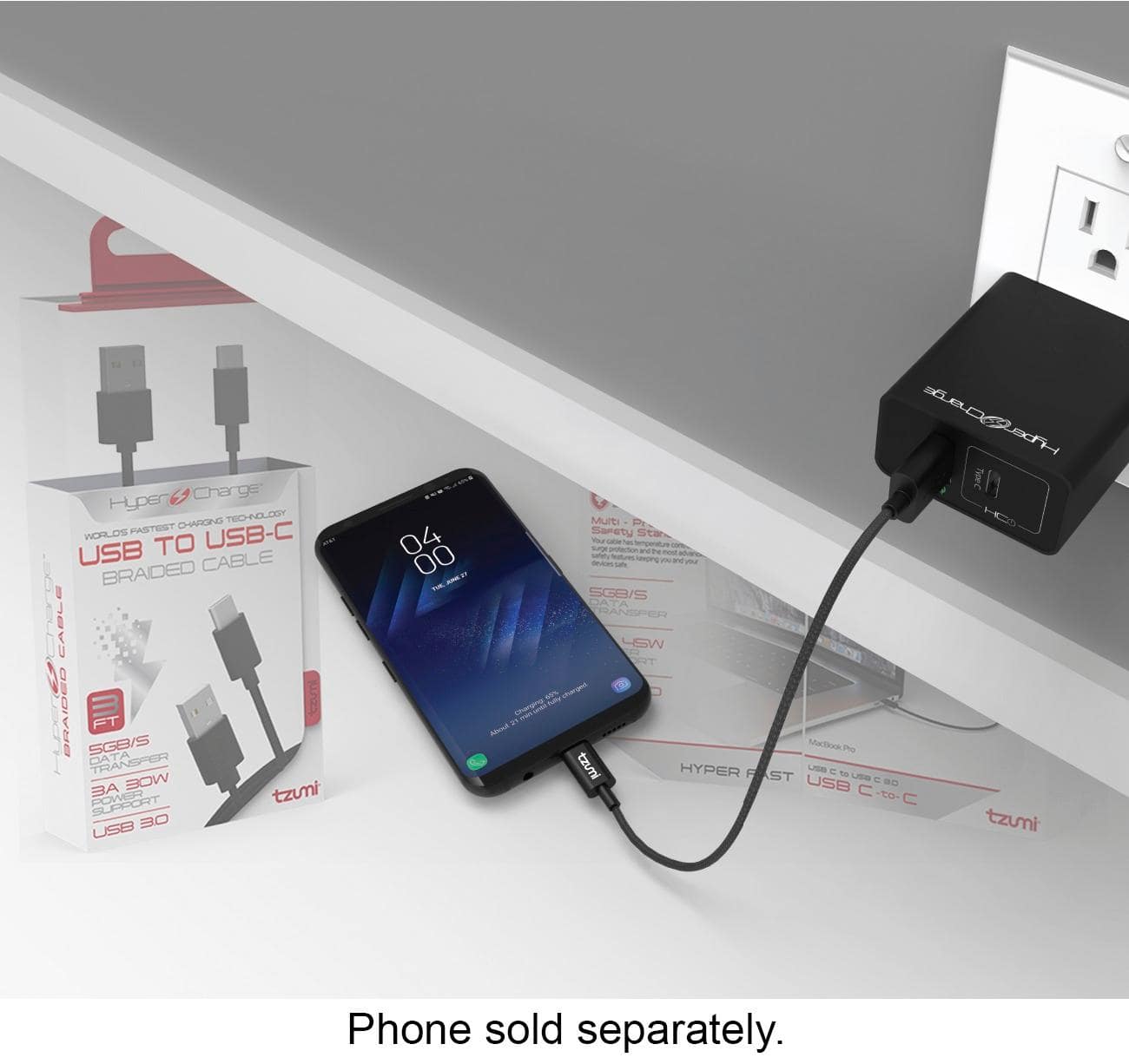 Front. Tzumi - HyperCharge 3' USB Type A-to-USB Type C Cable - Black.