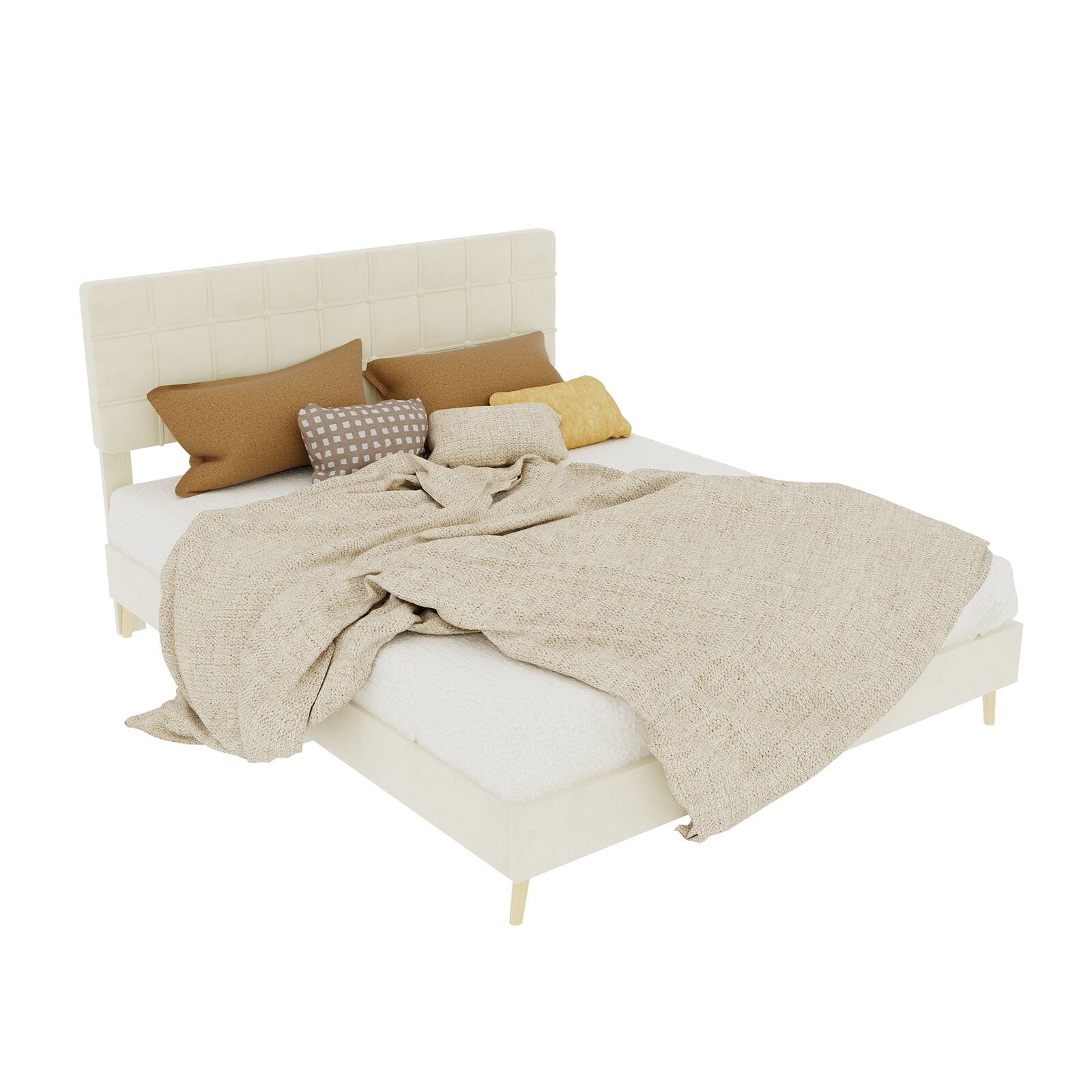 Alt View 6. Loheer - Loheer Beige Upholstered Queen Bed Frame with Soft Padded Headboard Modern Minimalist Bedroom Furniture - Beige.