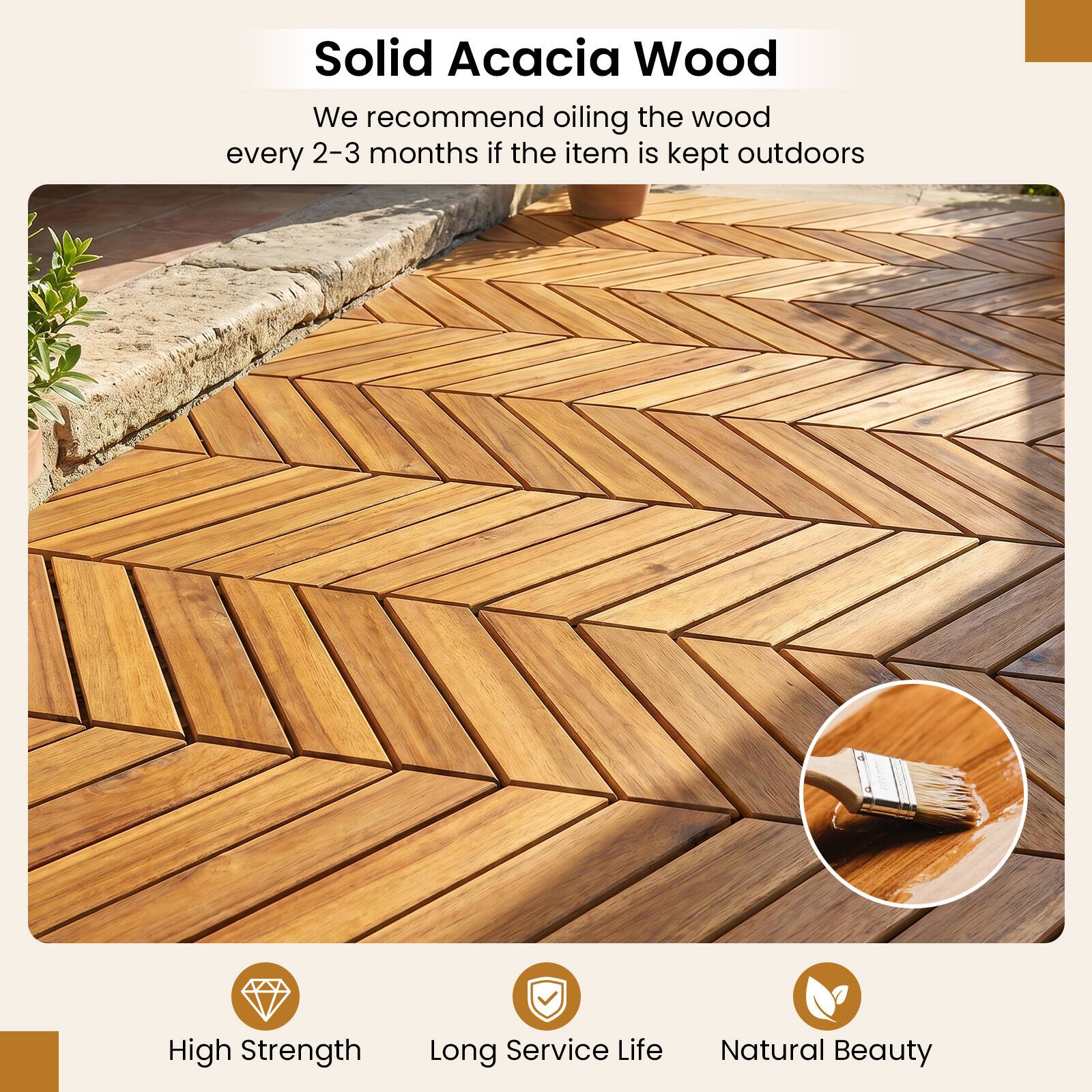 Solid Acacia Wood

We recommend oiling the wood every 2-3 months if the item is kept outdoors

High Strength
Long Service Life
Natural Beauty