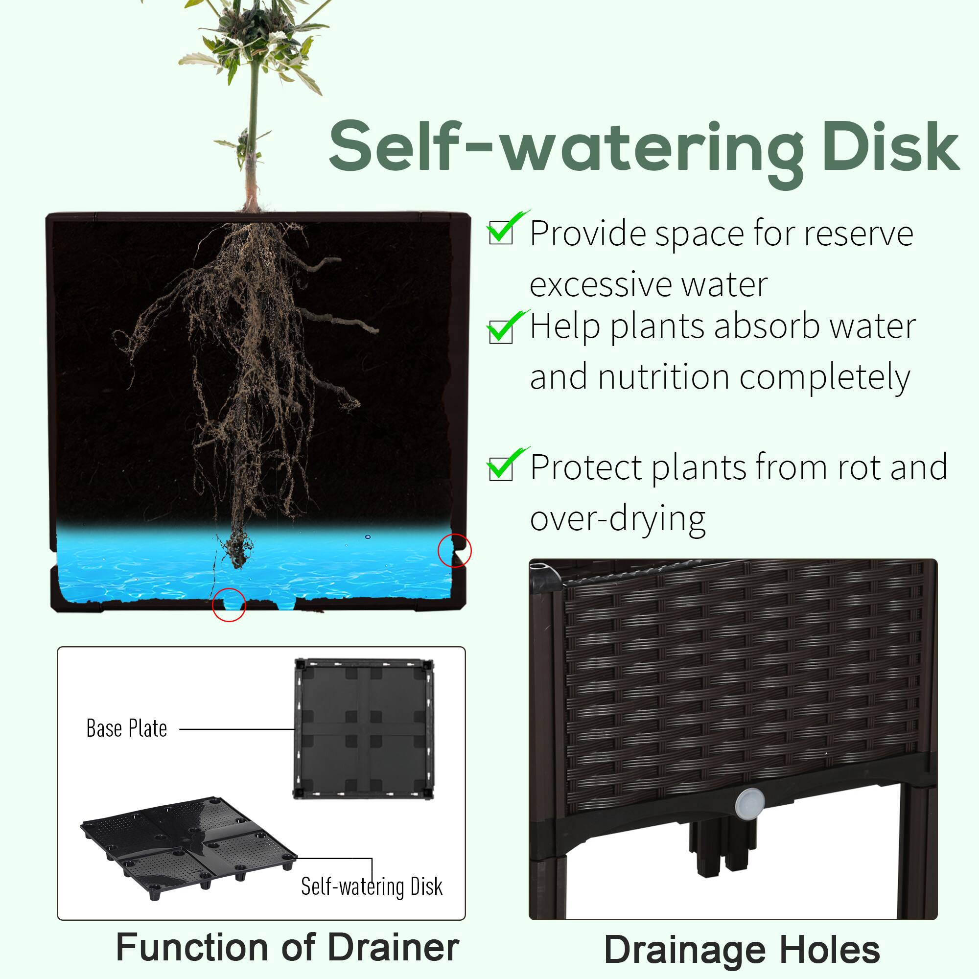 Self-watering Disk: Provide space for reserve excessive water, Help plants absorb water and nutrition completely, Protect plants from rot and over-drying

Function of Drainer: Base Plate, Self-watering Disk

Drainage Holes