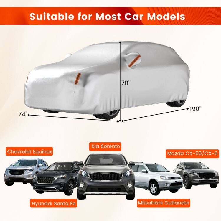 Suitable for Most Car Models

70" 74" 190"

Chevrolet Equinox
Kia Sorento
Mazda CX-50/CX-5
Hyundai Santa Fe
Mitsubishi Outlander