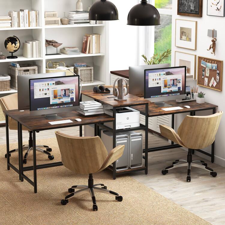 Left. SlickBlue - Home Office Desk for 2 People – Computer Table with Printer Stand & Power Outlet - Rustic Brown, Black.