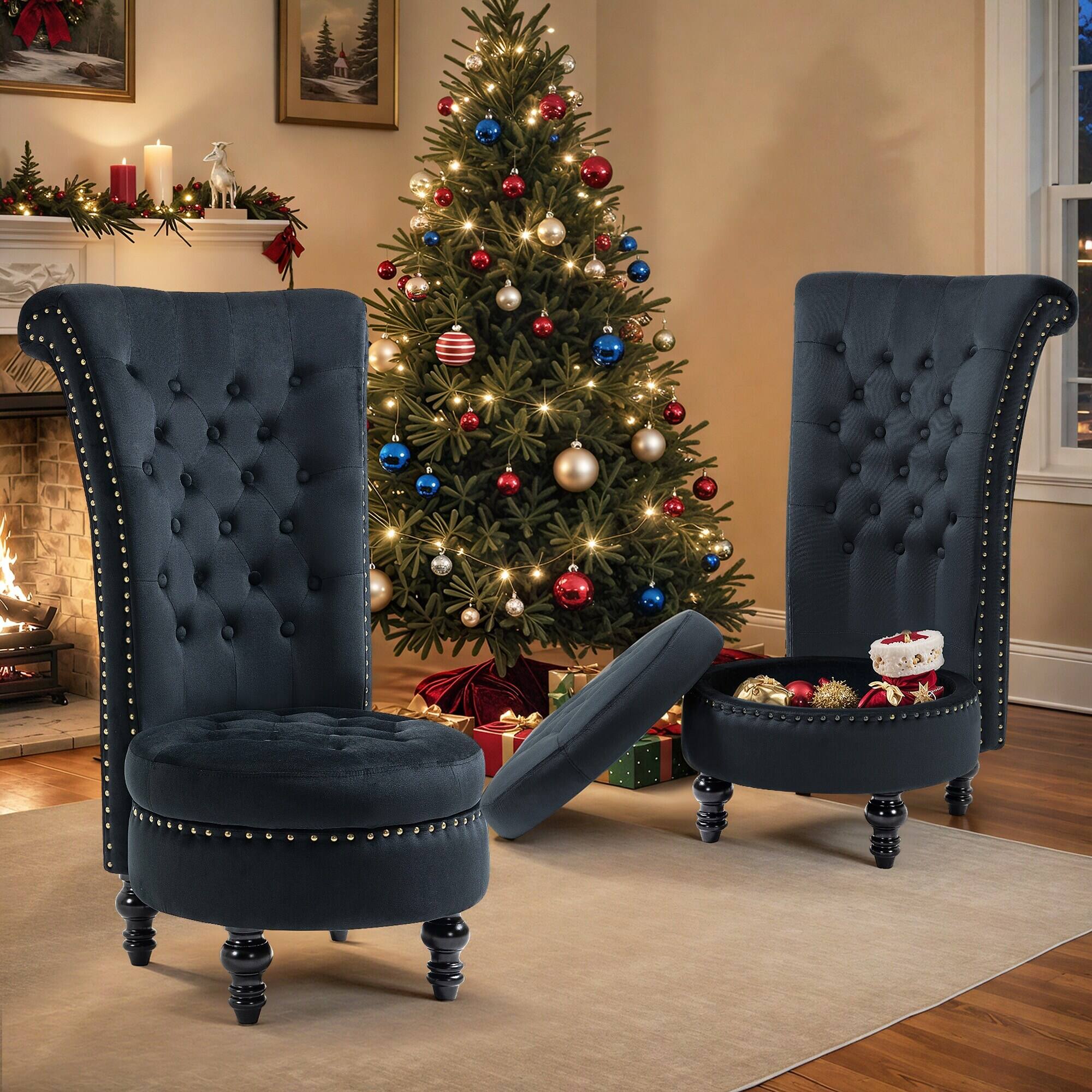 Angle. U-HOMY - Velvet High-Back Storage Chair – Armless Accent, 330 lbs, Perfect for Living Room or Bedroom - Black.