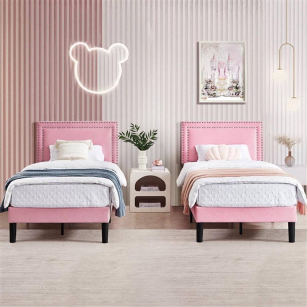 Angle. Hivvago - Set of 2 - Twin size Pink Upholstered Platform Bed with Nailhead Trim Headboard - Pink.