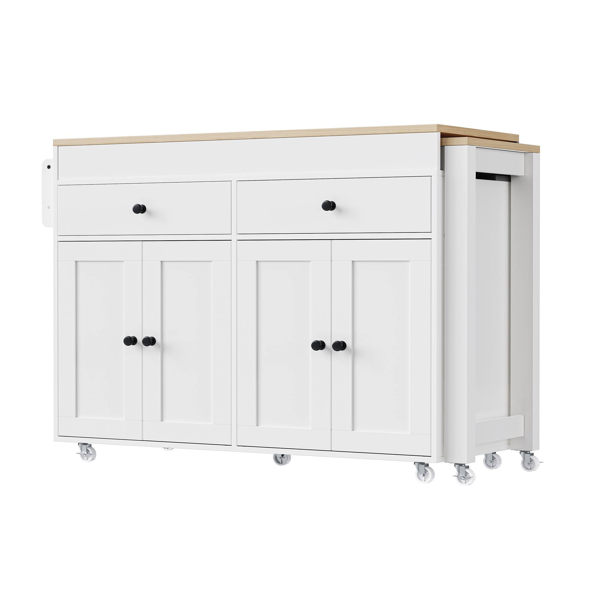 Alt View 6. Forest'nSky - Kitchen Island on Wheels, 74.5 inch with Extendable Dining Table, 4 Door Cabinet, 2 Drawers & Spice Rack, White - White.
