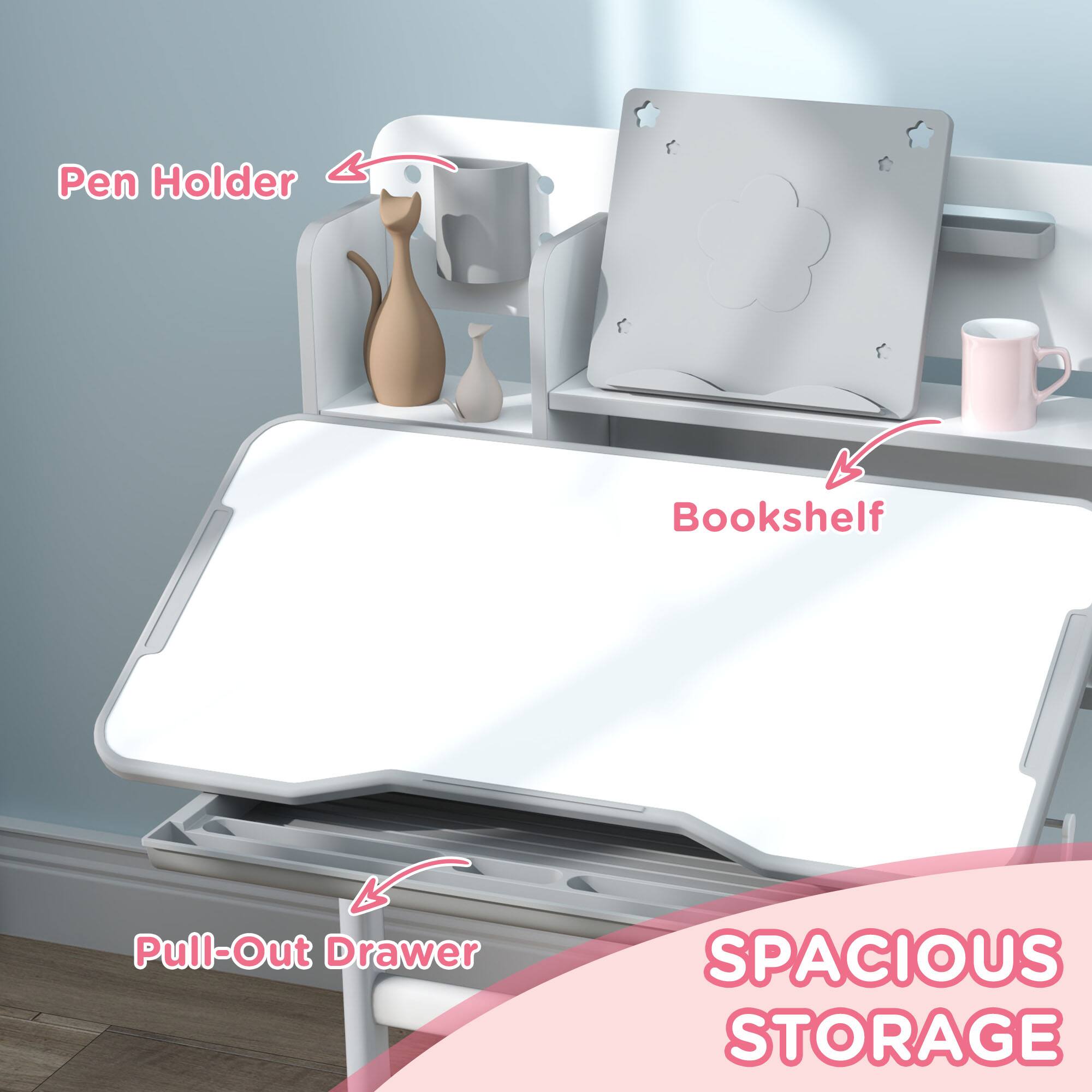 Pen Holder  
Bookshelf  
Pull-Out Drawer  
SPACIOUS STORAGE