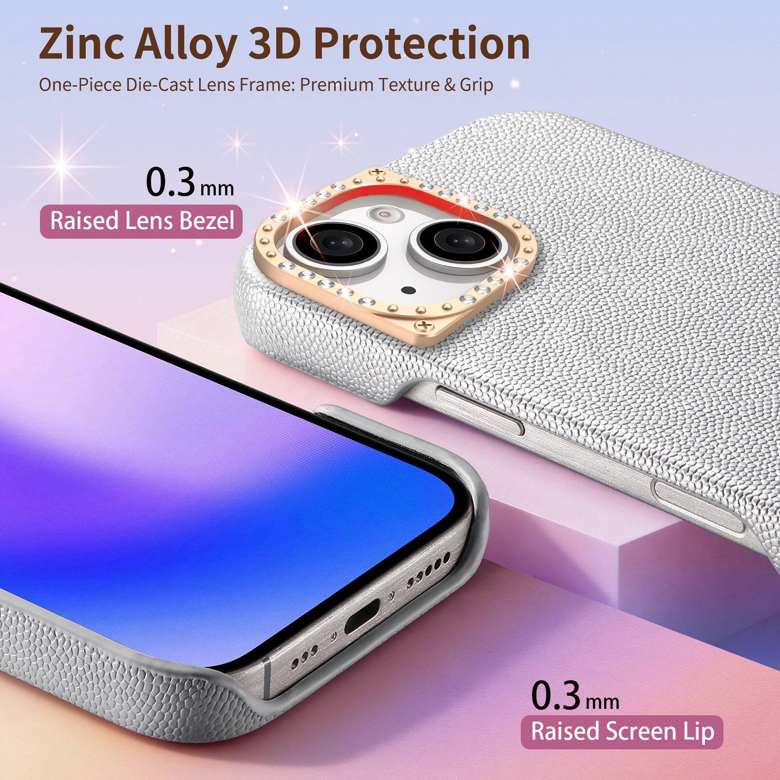 Zinc Alloy 3D Protection  
One-Piece Die-Cast Lens Frame: Premium Texture & Grip  
0.3 mm Raised Lens Bezel  
0.3 mm Raised Screen Lip