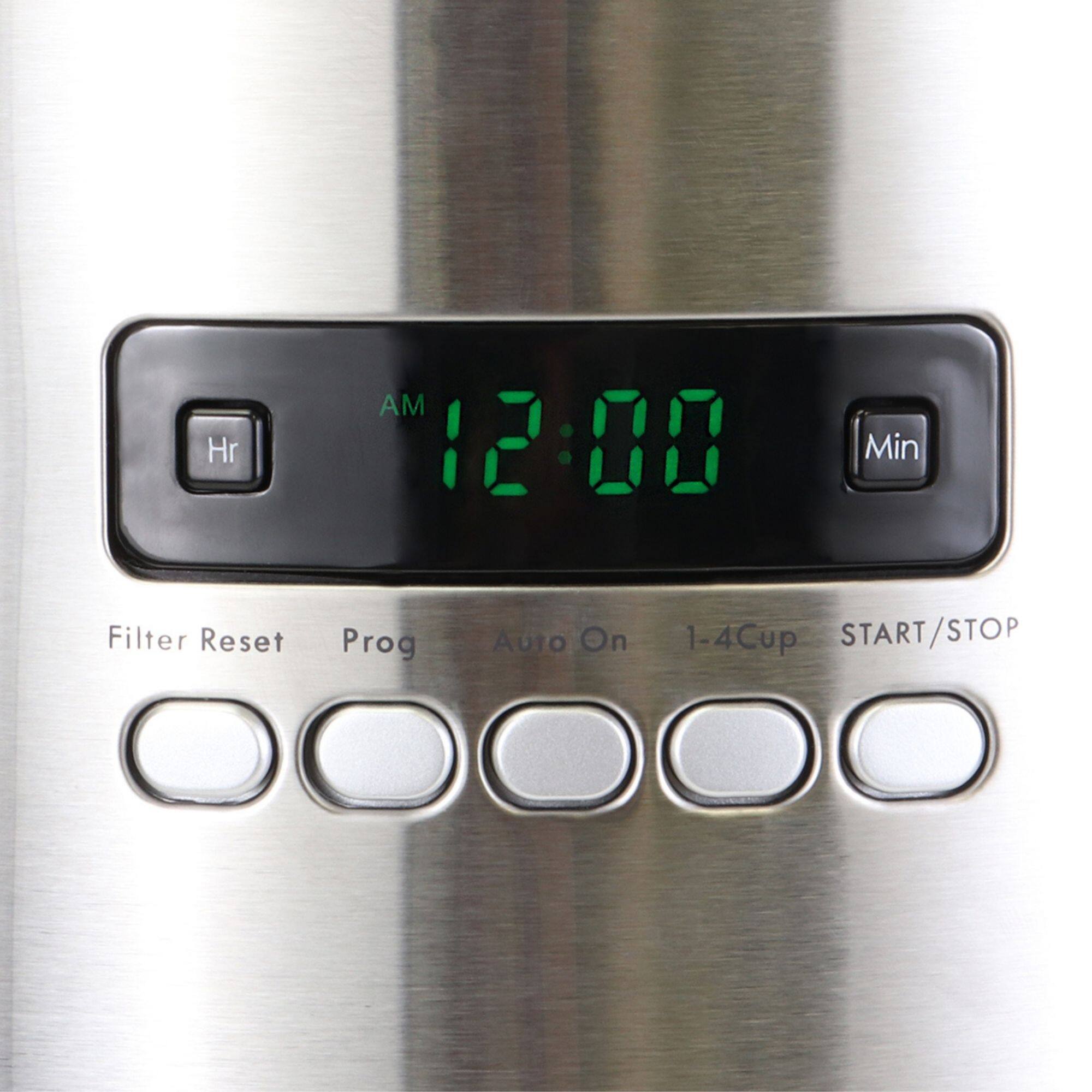 Hr AM 12:00 Min  
Filter Reset Prog Auto On 1-4Cup START/STOP