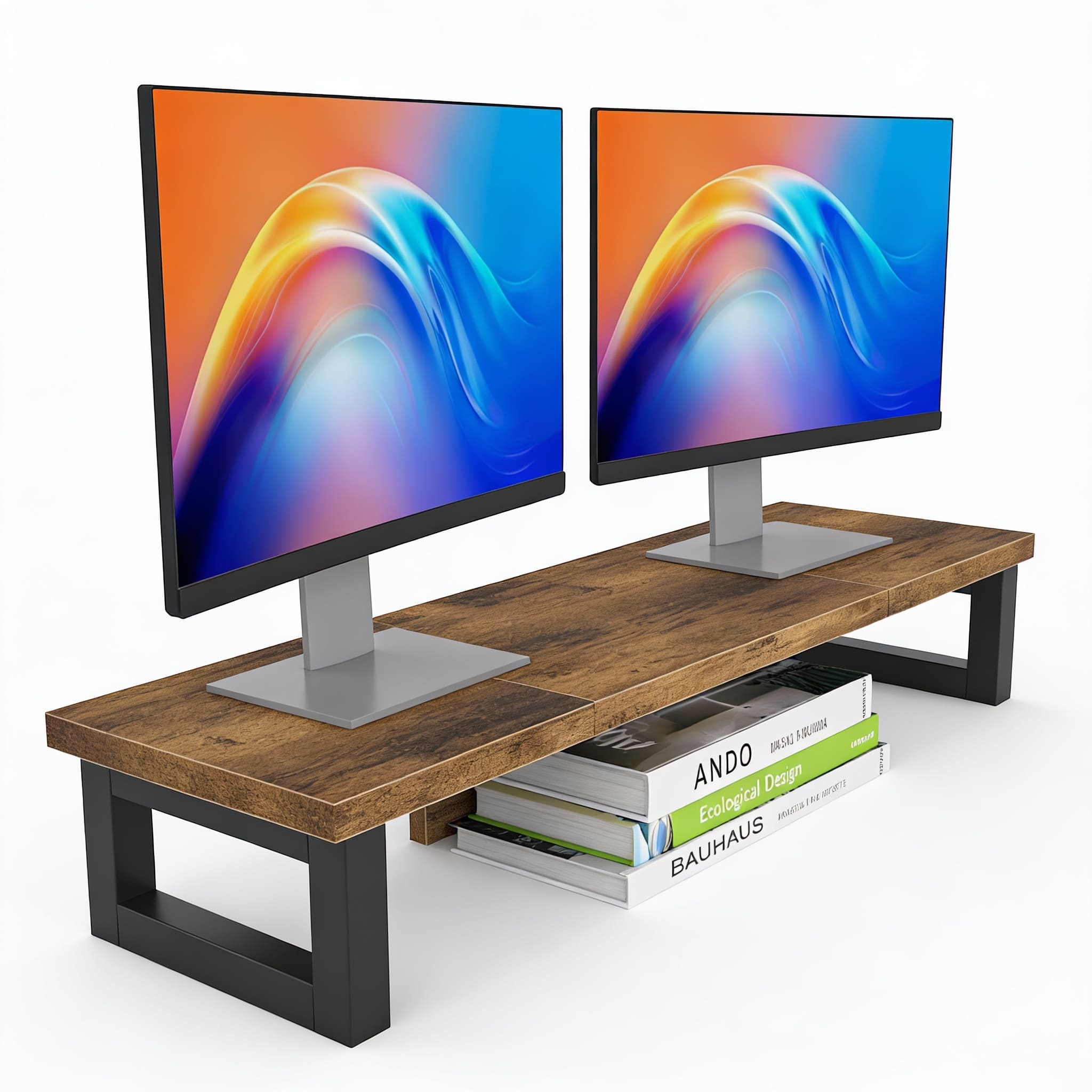 Frangdom - Dual Monitor Riser Wood Steel 2-Screen Desktop Shelf - Brown Large