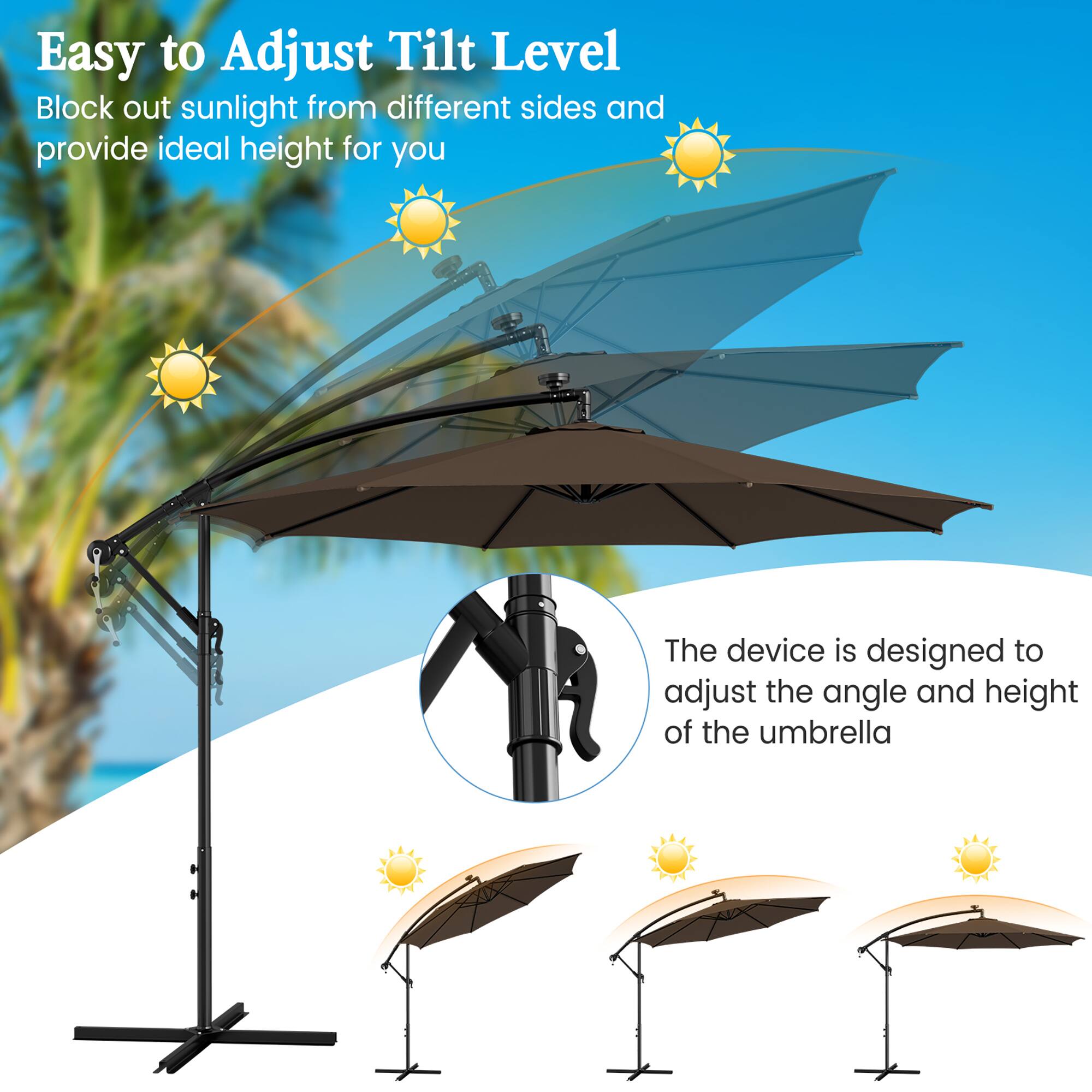 Easy to Adjust Tilt Level, Block out sunlight from different sides and provide ideal height for you. The device is designed to adjust the angle and height of the umbrella.