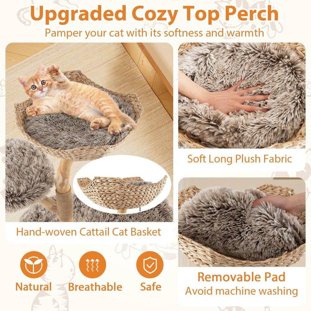 Upgraded Cozy Top Perch  
Pamper your cat with its softness and warmth  

Soft Long Plush Fabric  
Hand-woven Cattail Cat Basket  
Natural Breathable Safe  
Removable Pad  
Avoid machine washing