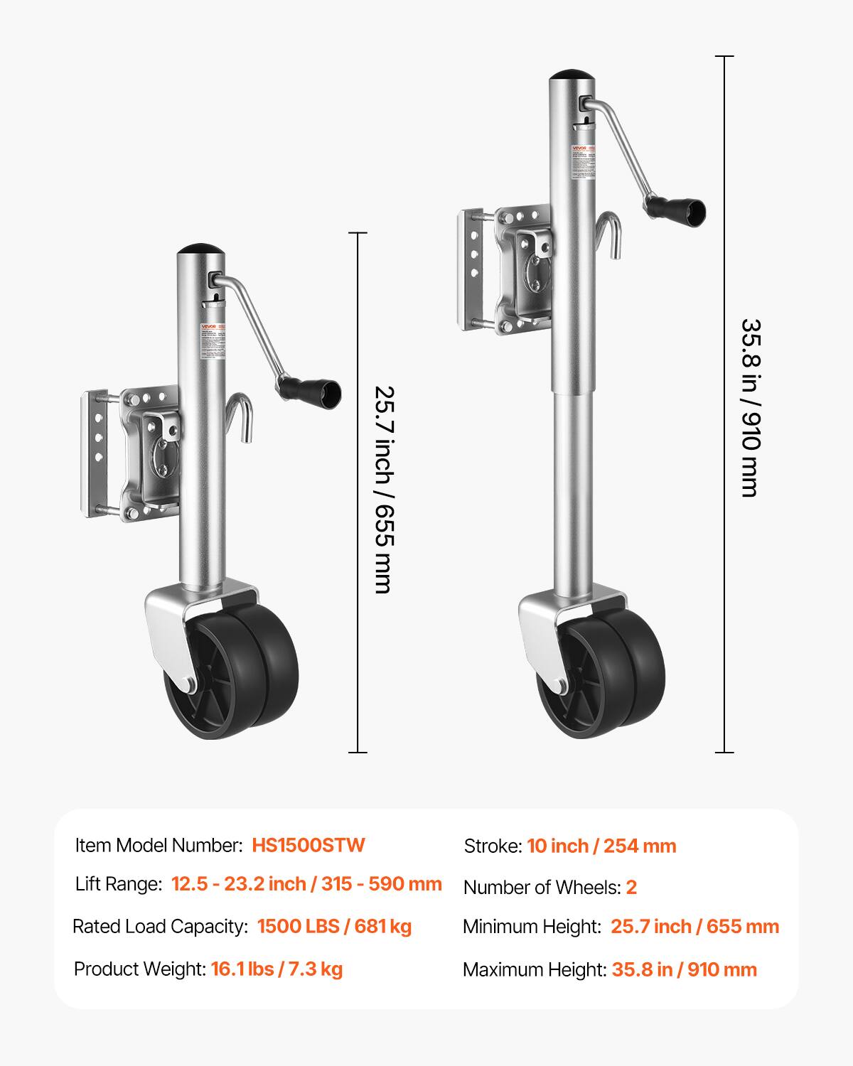 - 25.7 inch / 655 mm
- 35.8 in / 910 mm
- Item Model Number: HS1500STW
- Stroke: 10 inch / 254 mm
- Lift Range: 12.5 - 23.2 inch / 315 - 590 mm
- Number of Wheels: 2
- Rated Load Capacity: 1500 LBS / 681 kg
- Minimum Height: 25.7 inch / 655 mm
- Product Weight: 16.1 lbs / 7.3 kg
- Maximum Height: 35.8 in / 910 mm