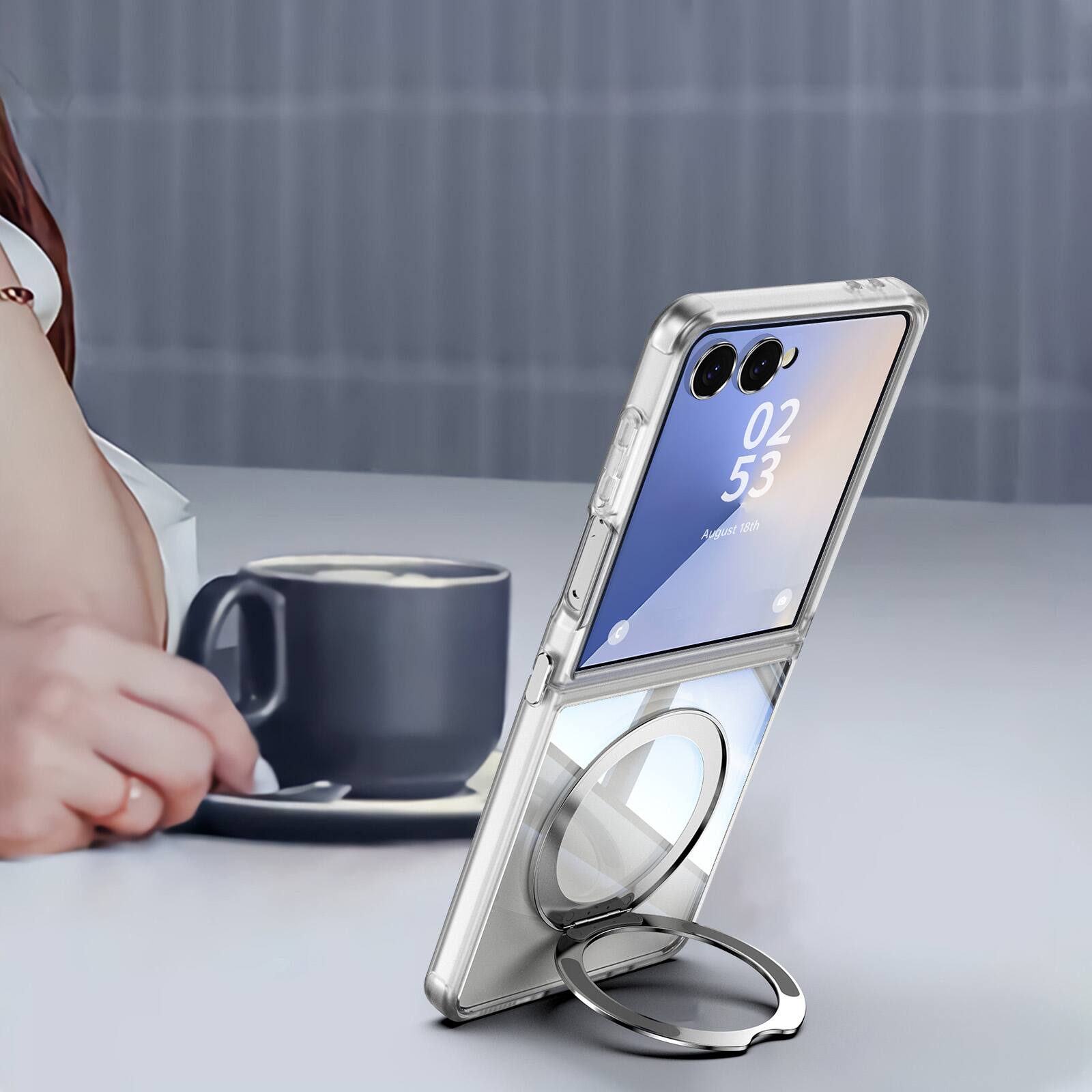 Angle. Dteck - Magnetic Clear Case For Samsung Galaxy Z Flip 7, Shockproof Anti-Scratch 360° Ring Holder Stand PC+TPU Protection Cover - White.