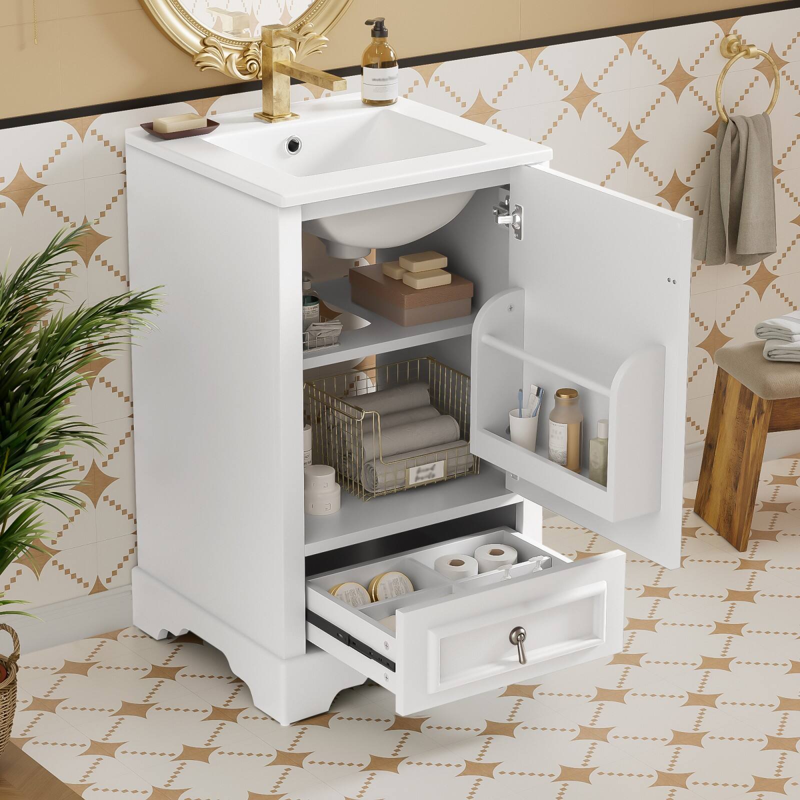 Alt View 9. Glintex - 20 Inch Bathroom Vanity with Ceramic Sink, Soft Close Door, Adjustable U-Shaped Shelf, Compartment Drawer，Door - White.