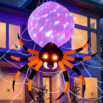 Front. Joyfy - 8 FT Halloween Giant Spider Inflatable Outdoor Decorations, Rotating Light and Glowing Eyes for Party Yard Lawn Decor - Multicolor.