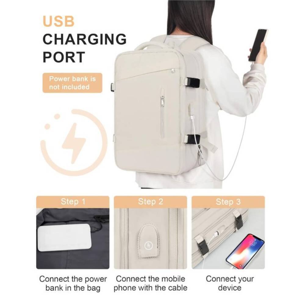 USB CHARGING PORT  
Power bank is not included  

Step 1  
Connect the power bank in the bag  

Step 2  
Connect the mobile phone with the cable  

Step 3  
Connect your device