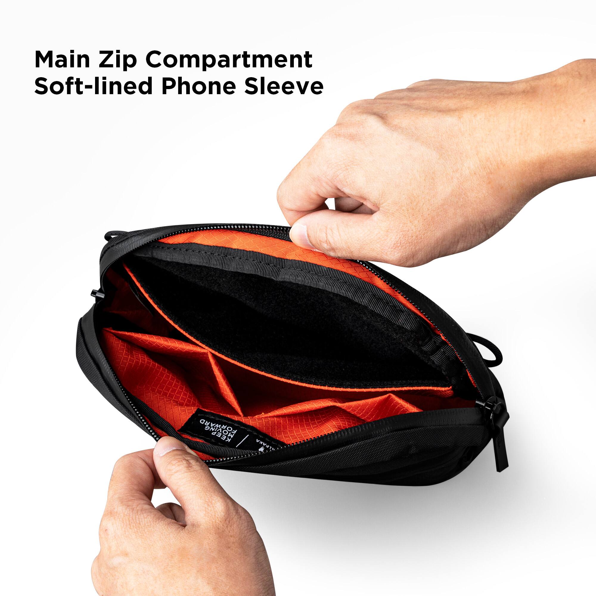 Main Zip Compartment  
Soft-lined Phone Sleeve