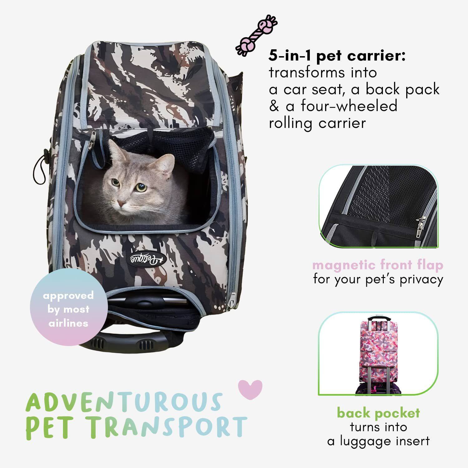 5-in-1 pet carrier: transforms into a car seat, a back pack & a four-wheeled rolling carrier approved by most airlines

Petique magnetic front flap for your pet's privacy

ADVENTUROUS PET TRANSPORT

back pocket turns into a luggage insert