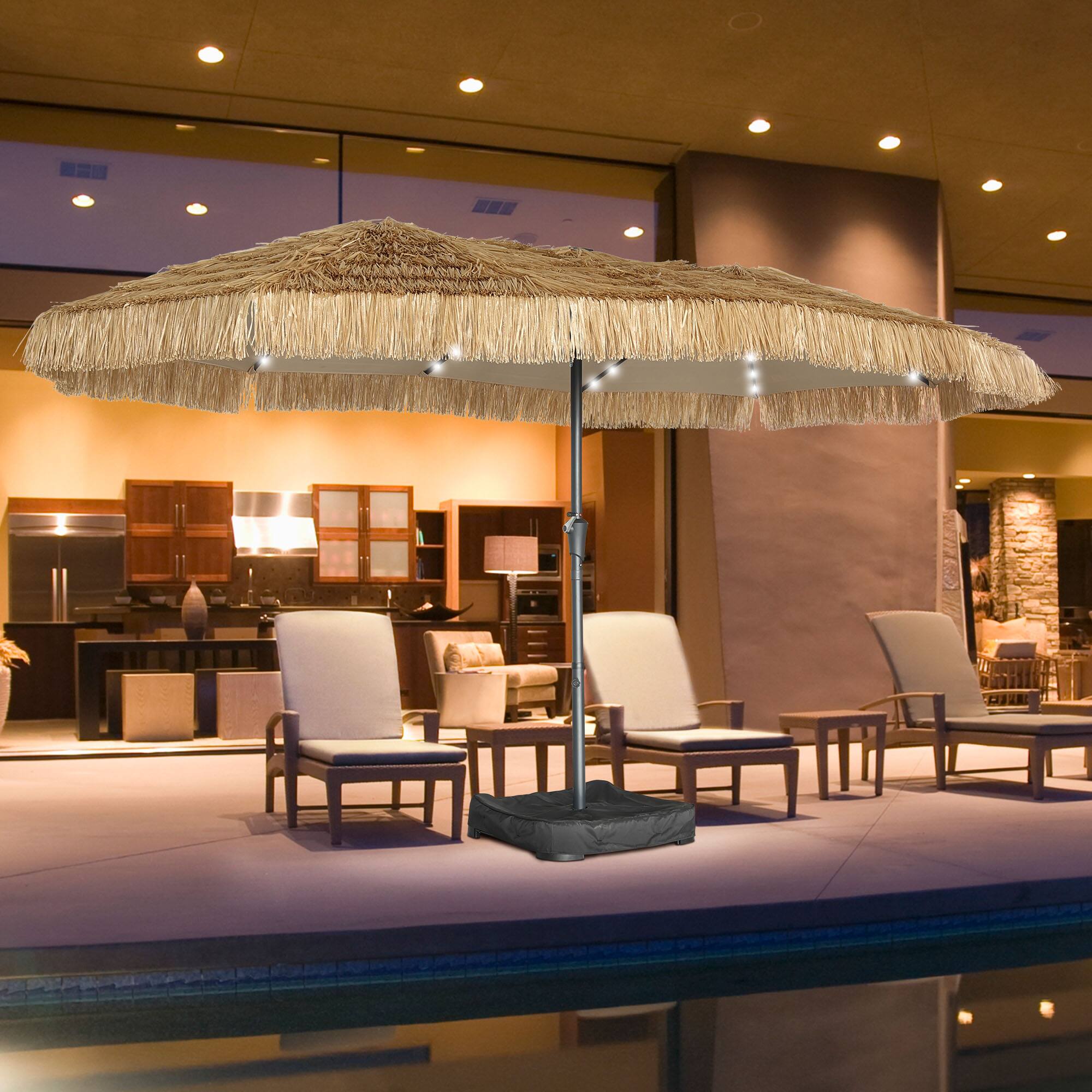 Left. Ainfox - Ainfox 13ft Solar LED Lights Thatched Hawaii Tiki Umbrella - Nature.