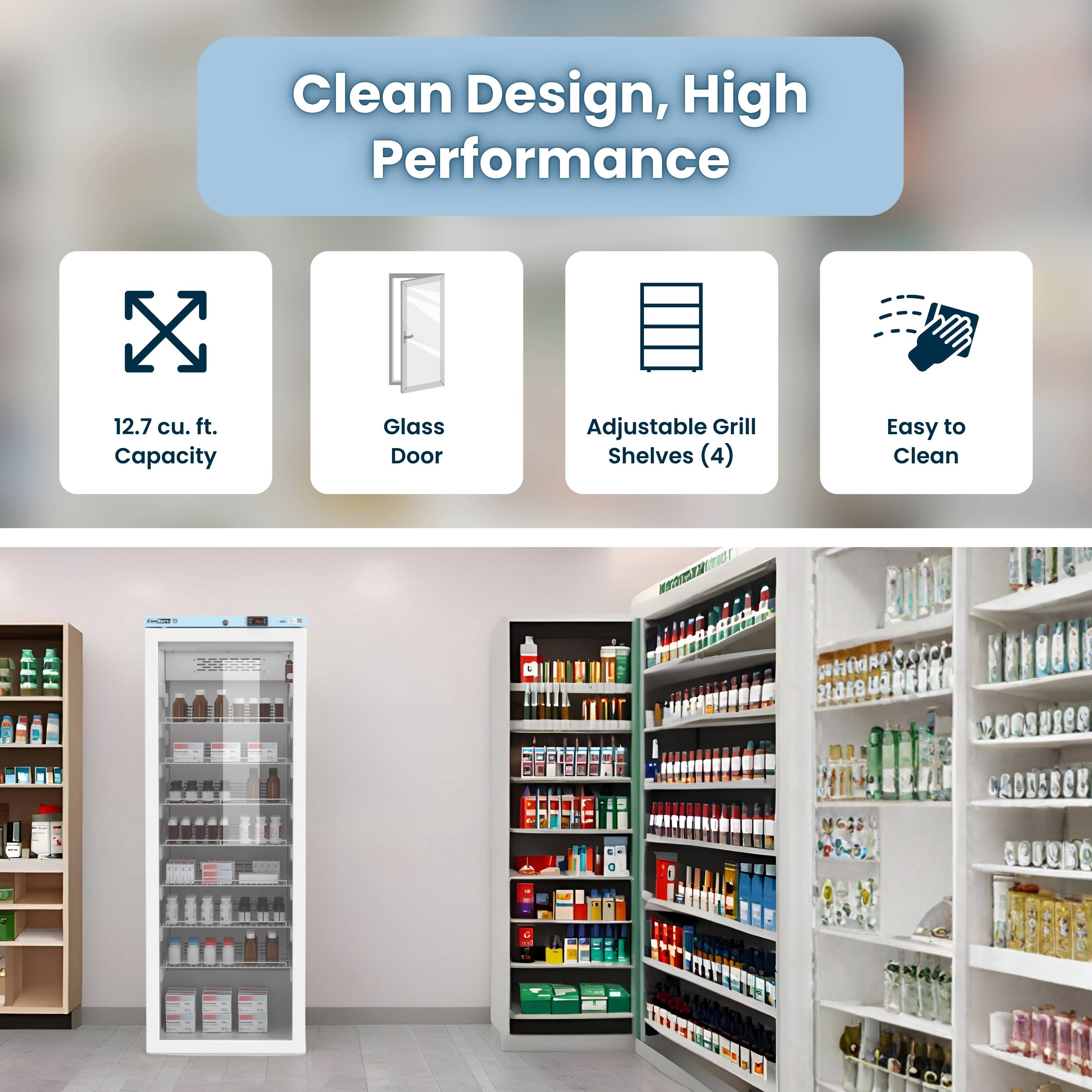 Clean Design, High Performance

- 12.7 cu. ft. Capacity
- Glass Door
- Adjustable Grill Shelves (4)
- Easy to Clean