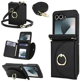 Dteck - for Samsung Galaxy Z Flip6/7 FE Crossbody Wallet Case,Shockproof Faux Leather Card Holder Hinge Cover Bulit in Grip RIng - Black